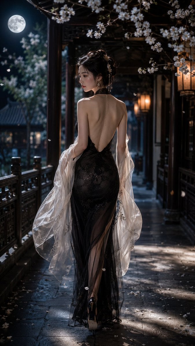一位成年东方女性，9:16 竖版构图，写实风格，全身偏背面人像，人物行走在一条古典中式回廊之中，画面从后方略低机位捕捉她