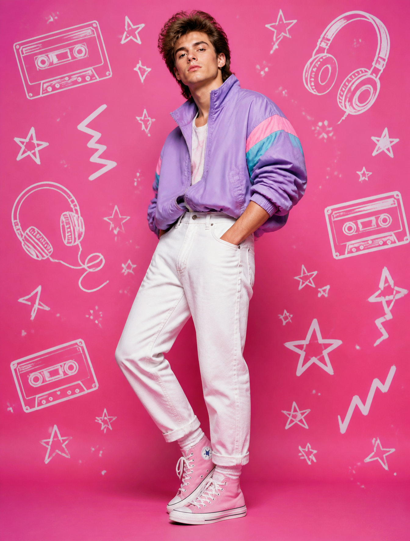 80s Retro PopA young man in a pastel purple windbreaker, whi