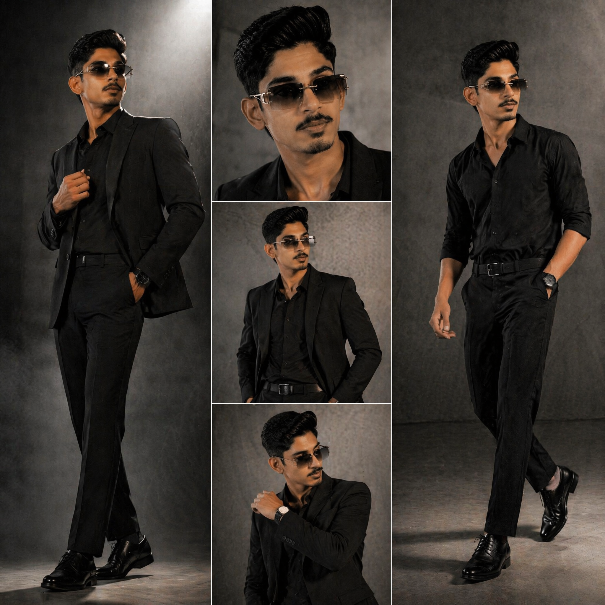 Aspect ratio 1:1. Luxury fashion editorial, three-panel comp