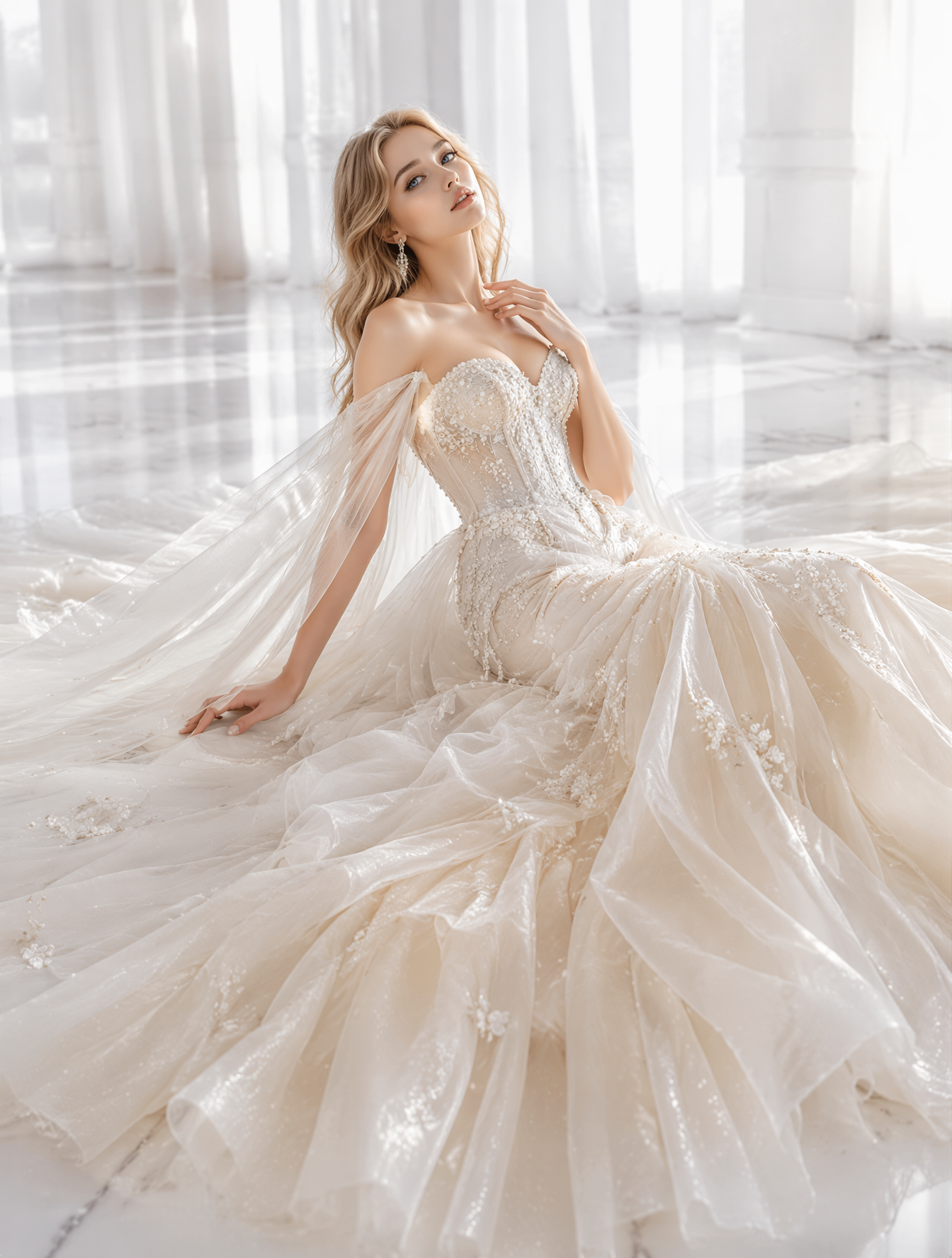 Expressive blue eyesDress Design: Custom ivory-and-pearl cou