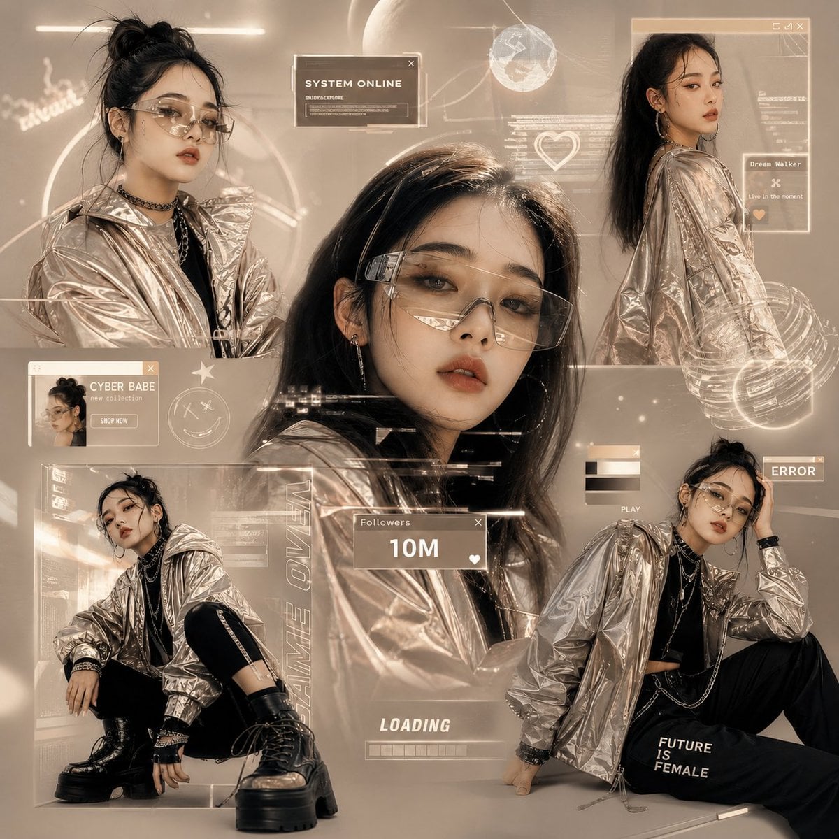 Create a futuristic Gen-Z fashion collage inspired by digita