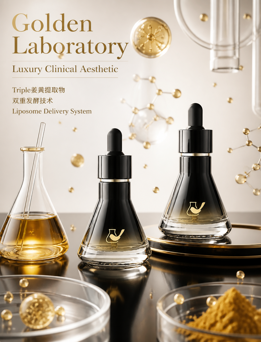 参考[图片2]侧面图和元素，深色反光台面上，左侧一个椭圆形内有黄色液体，中间黑色椭圆形波纹管[图片1]的阴影，右侧另一个