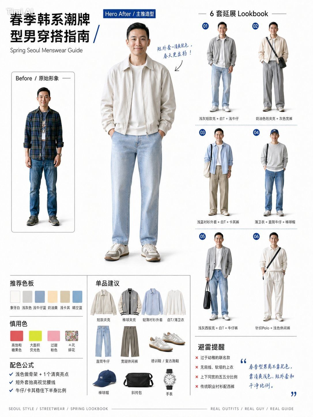 请基于用户上传的正面或全身男性人物照片,创作一套高完成度、适合小红书发布的「四季韩系潮牌型男穿搭指南 / Four Se