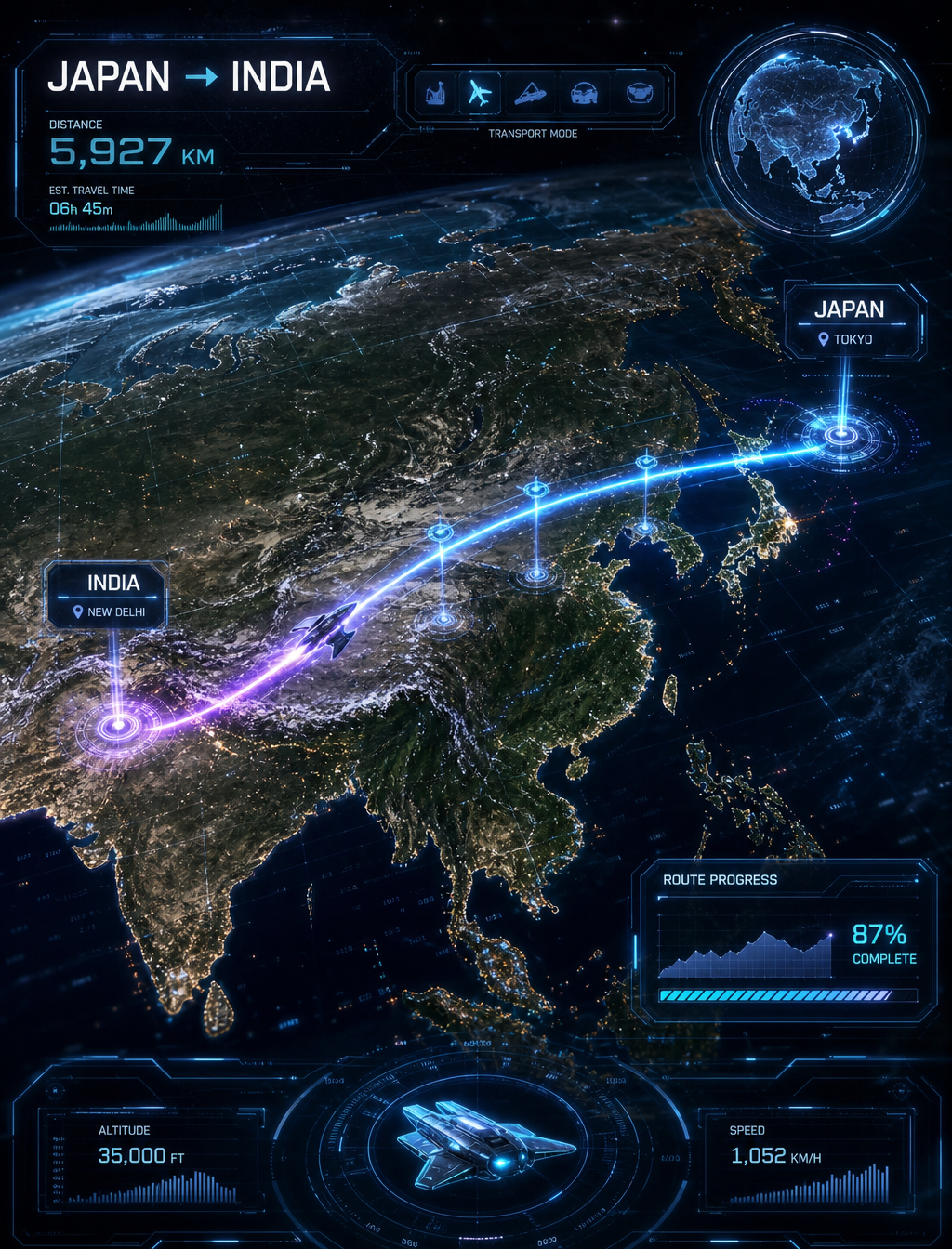 Prompt:Create a futuristic sci-fi travel route visualization