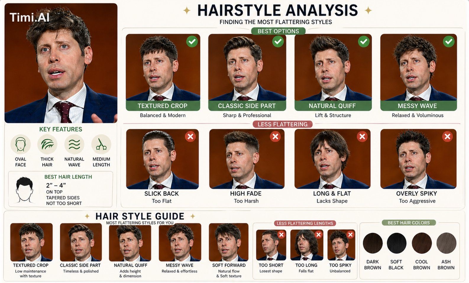 Create a hairstyle analysis graphic using this portrait. Sho
