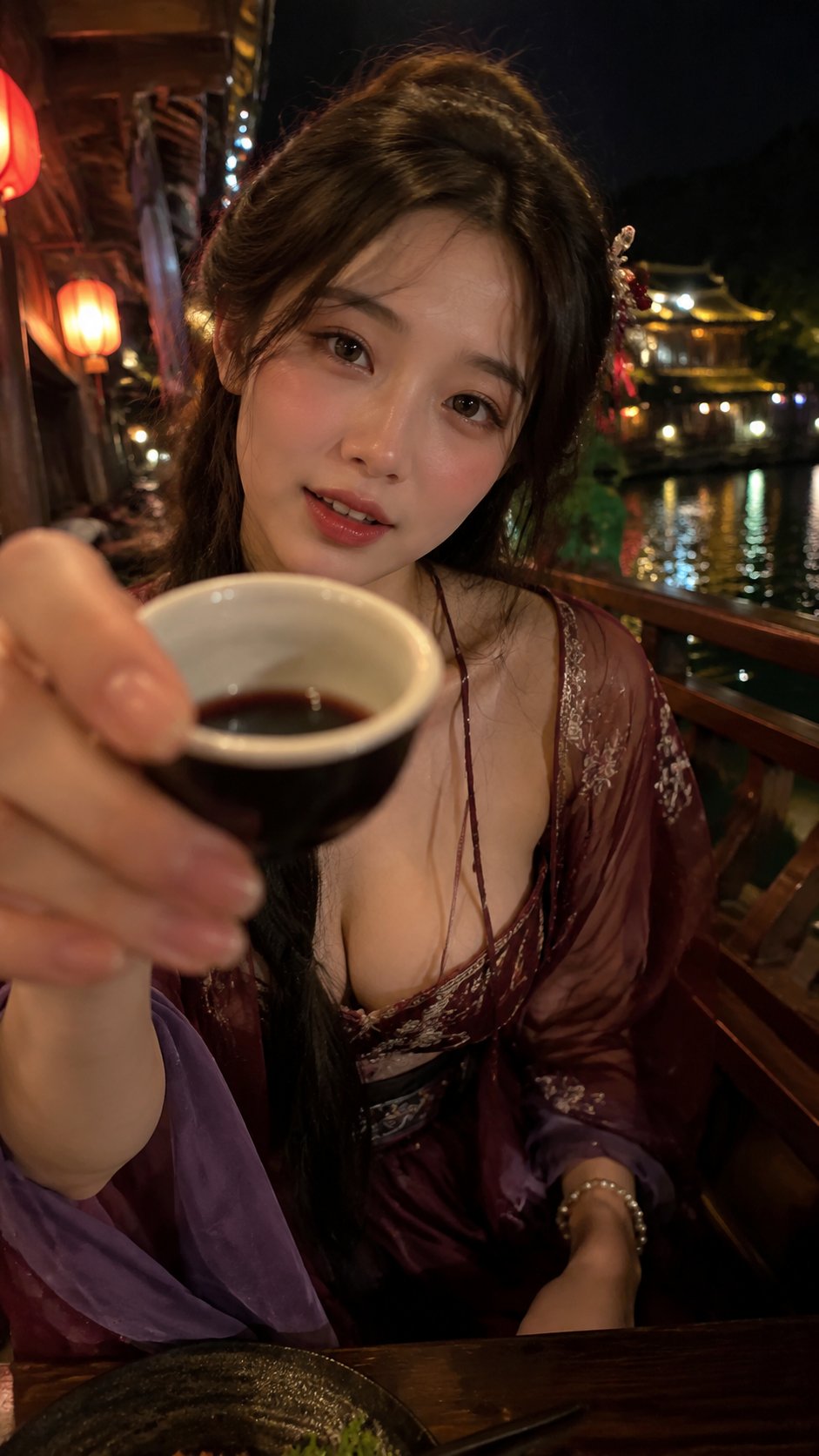 生成一张 9:16 竖版高清写实古风 POV 敬酒互动写真,主题是【场景 + 动作】。
画面要像朋友用手机在古风夜游途