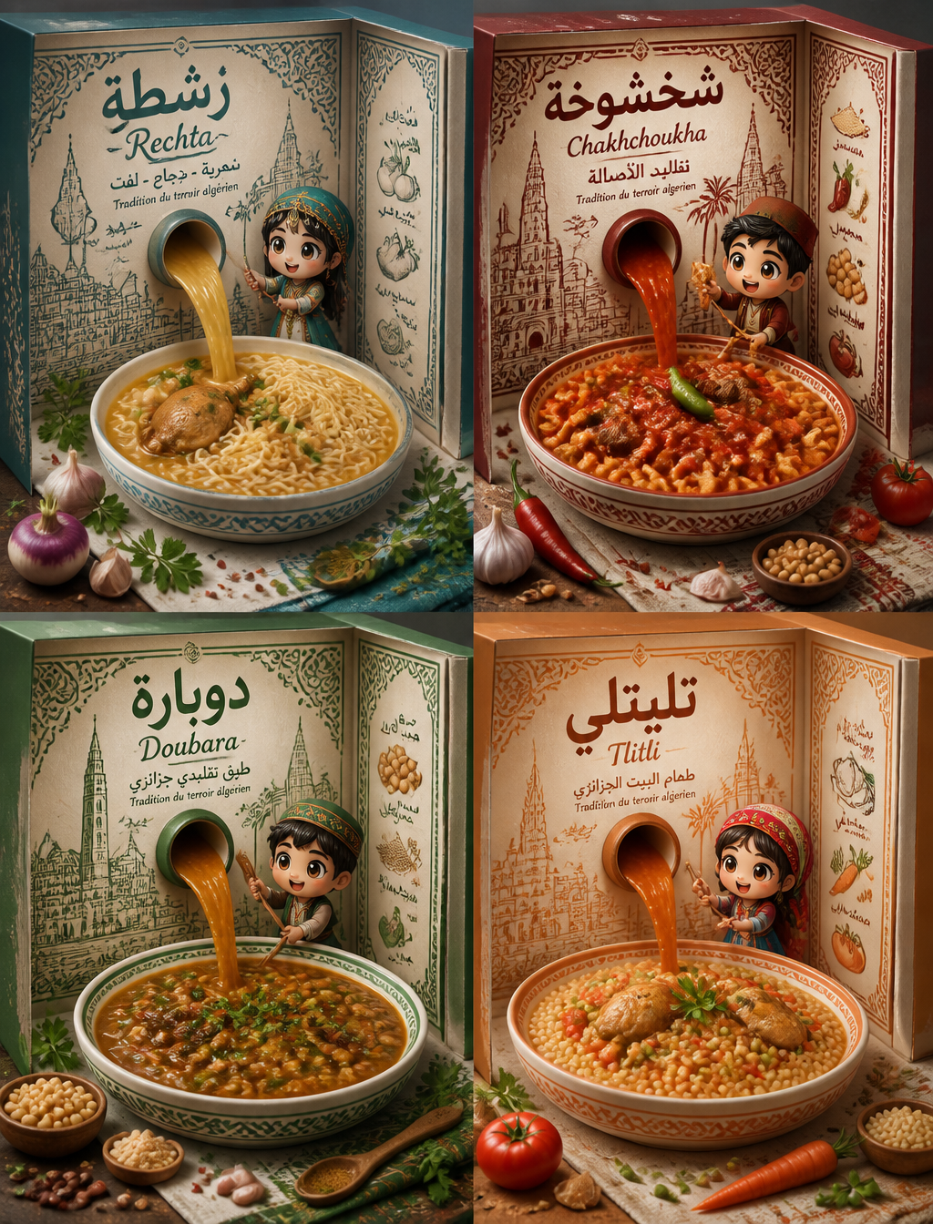 2x2 grid featuring four iconic Algerian dishes: Rechta, Chak
