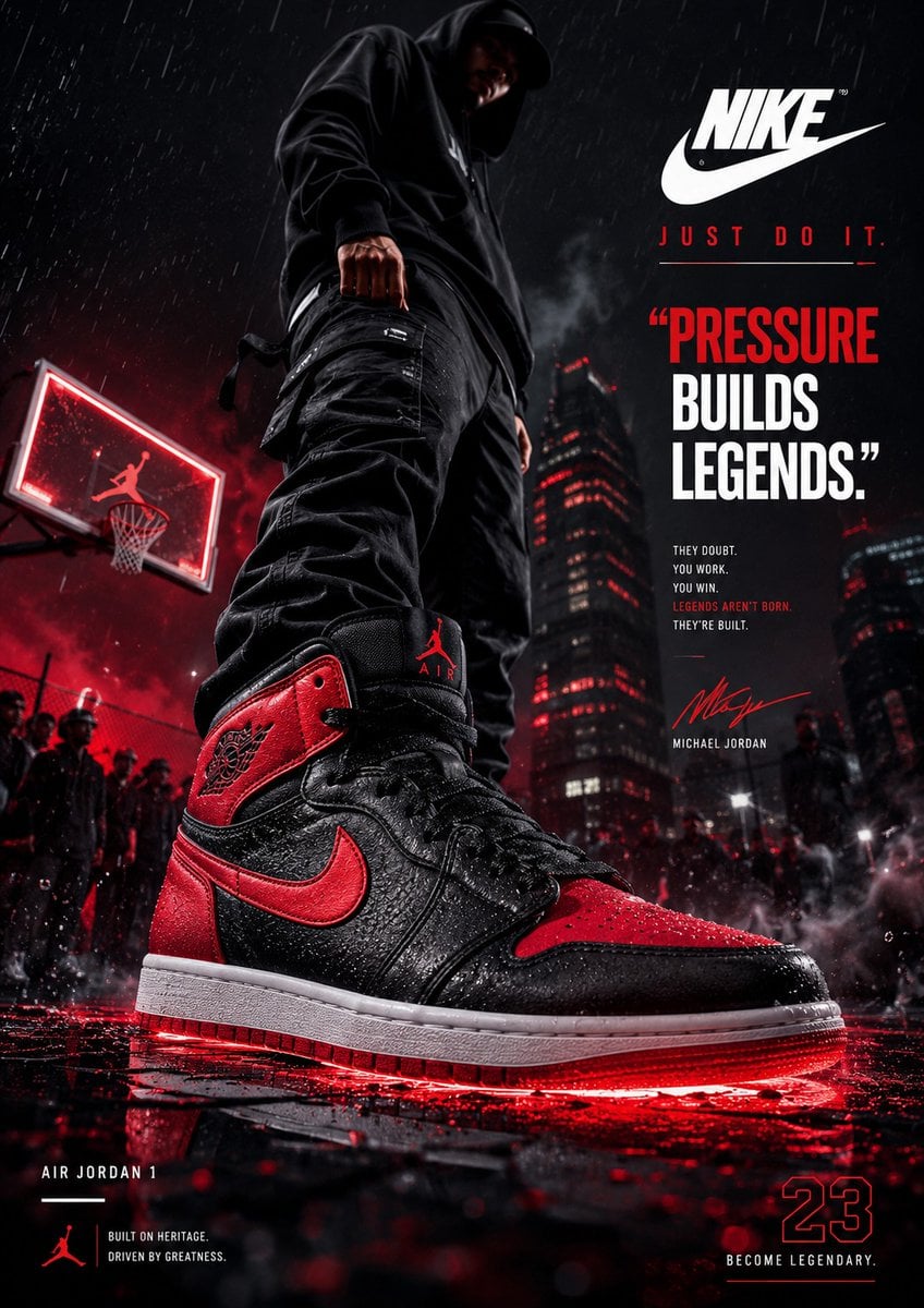Create an ultra-premium footwear advertising poster designed