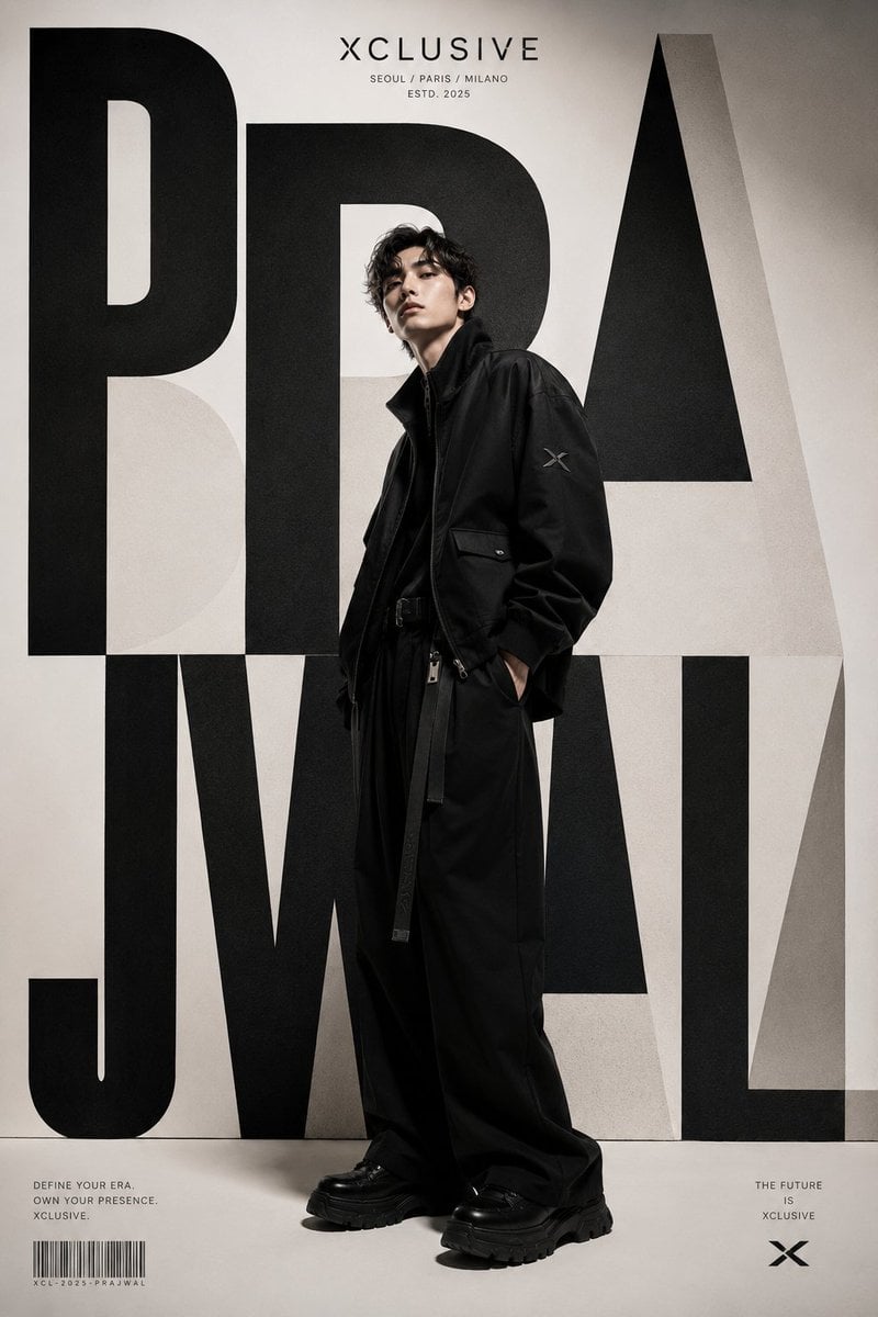 A world-class luxury fashion editorial poster for XCLUSIVE, 
