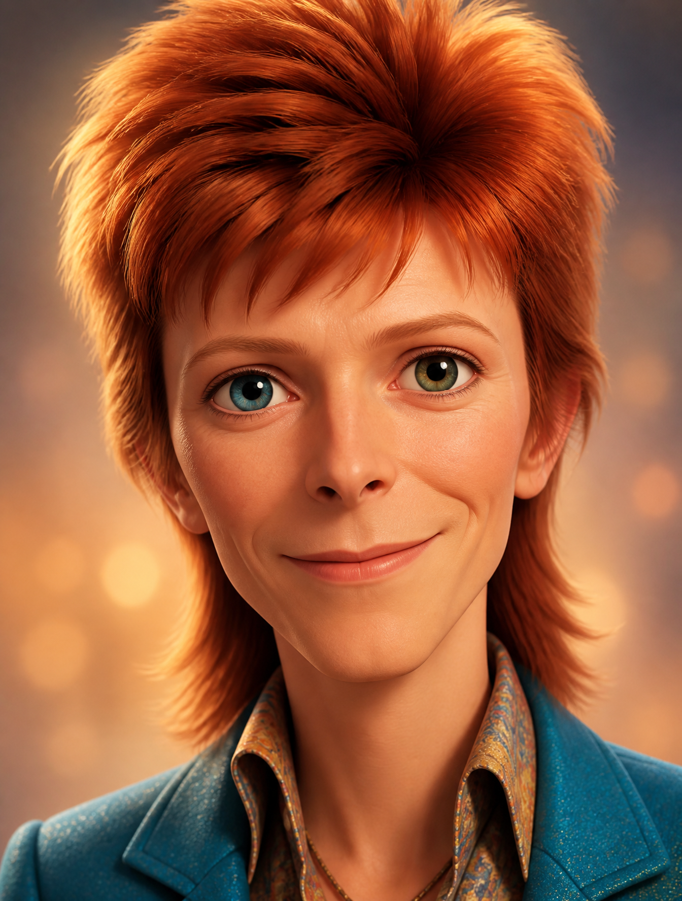 A Pixar-style frontal portrait of [david bowie], showing the