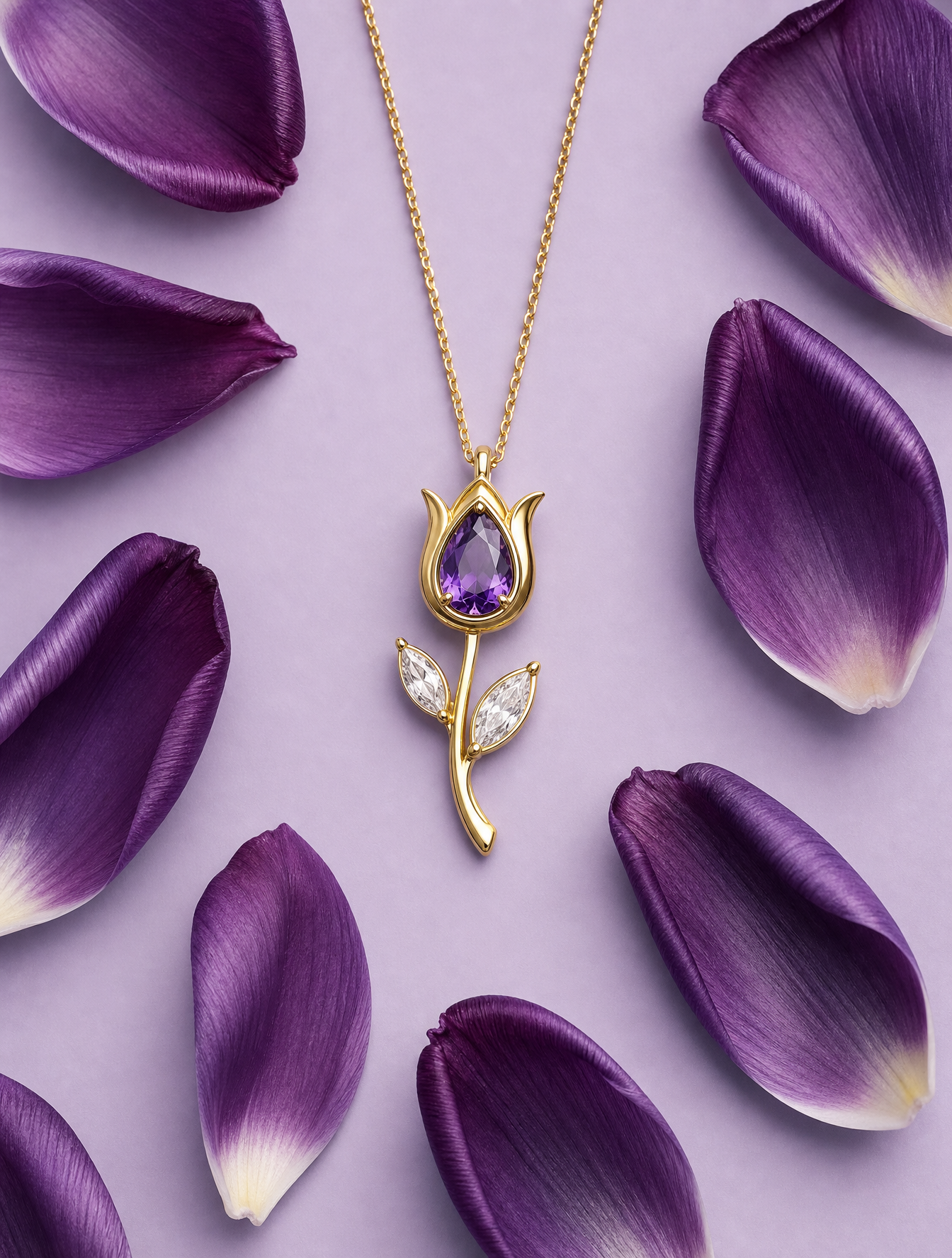 Subject and Composition
A delicate gold tulip-shaped pendant