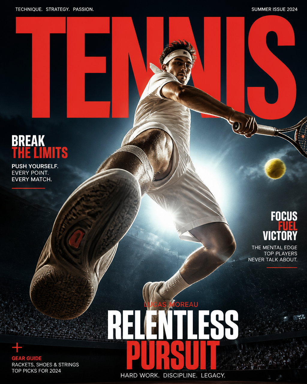 Cinematic sports photography, extreme low-angle view tennis