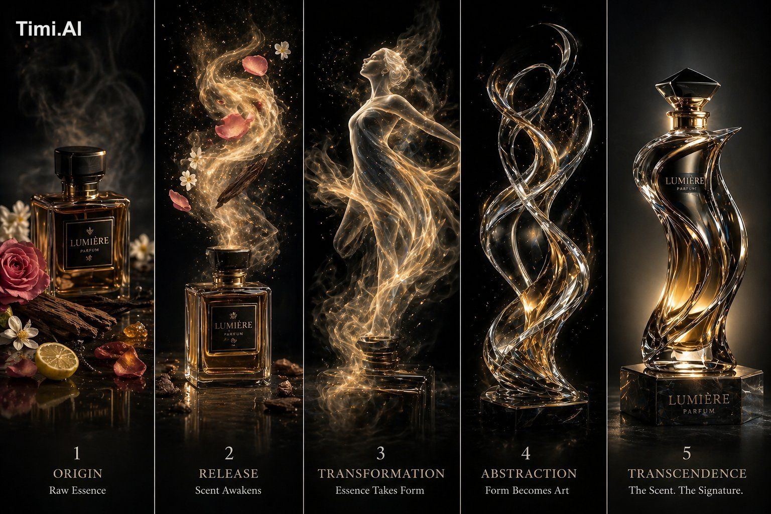 A high-end cinematic transformation artwork displayed in fiv