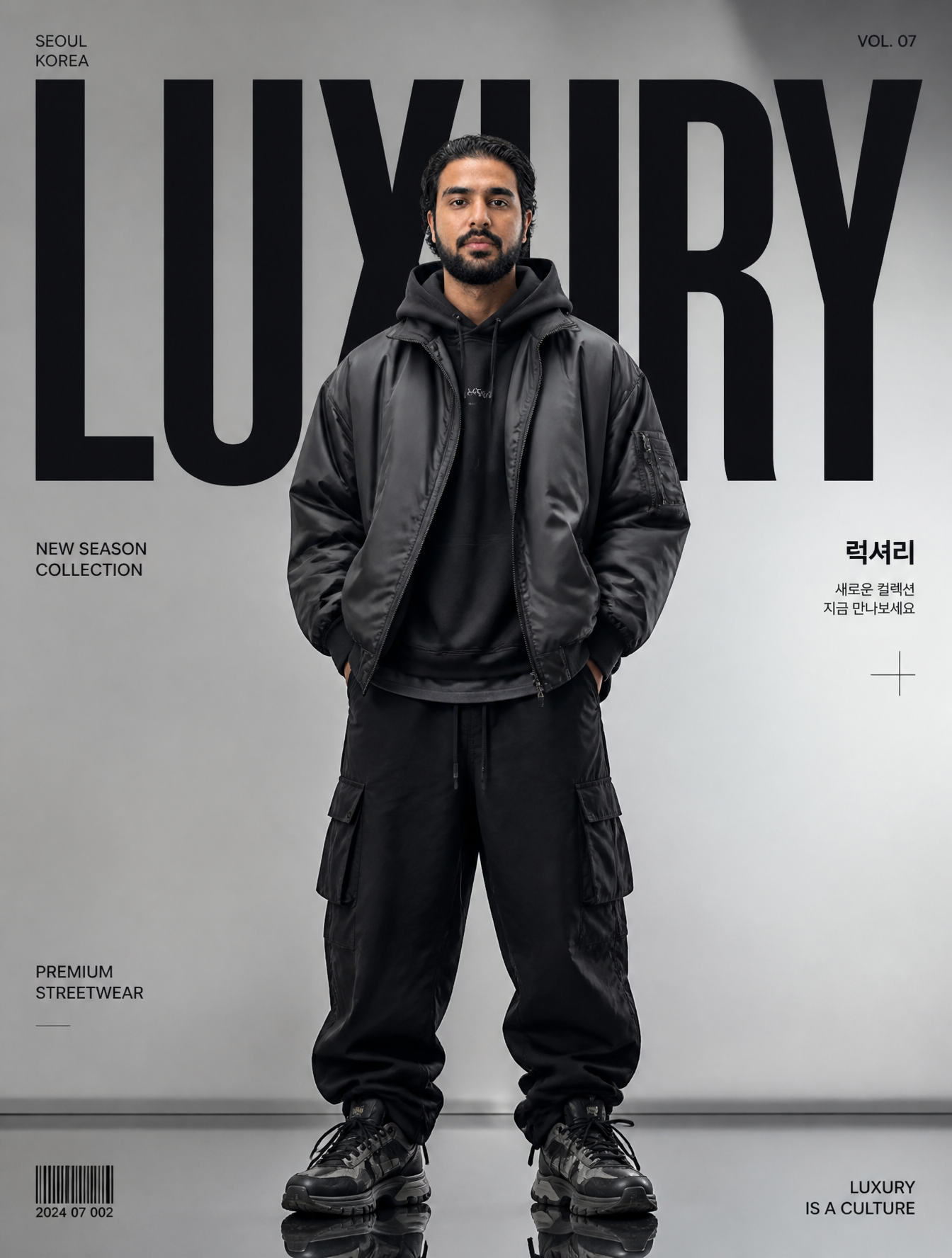 Create a premium high-fashion editorial poster for "LUXURY "