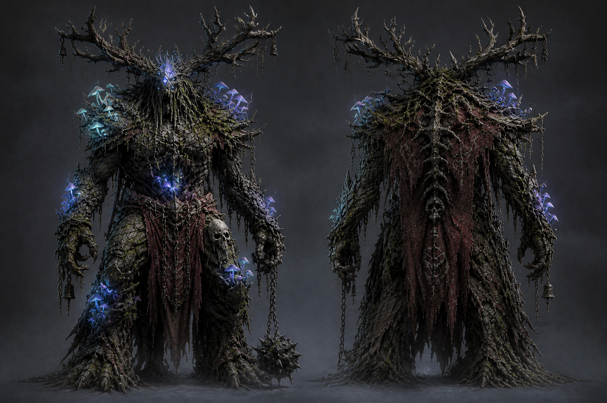 Subject and Action
A towering corrupted forest guardian stan
