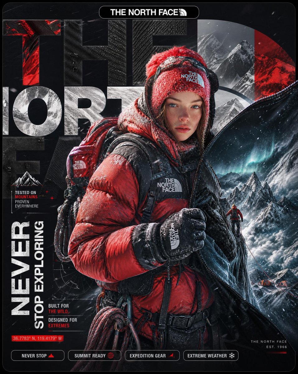 A hyper-detailed surreal advertising poster for The North Fa