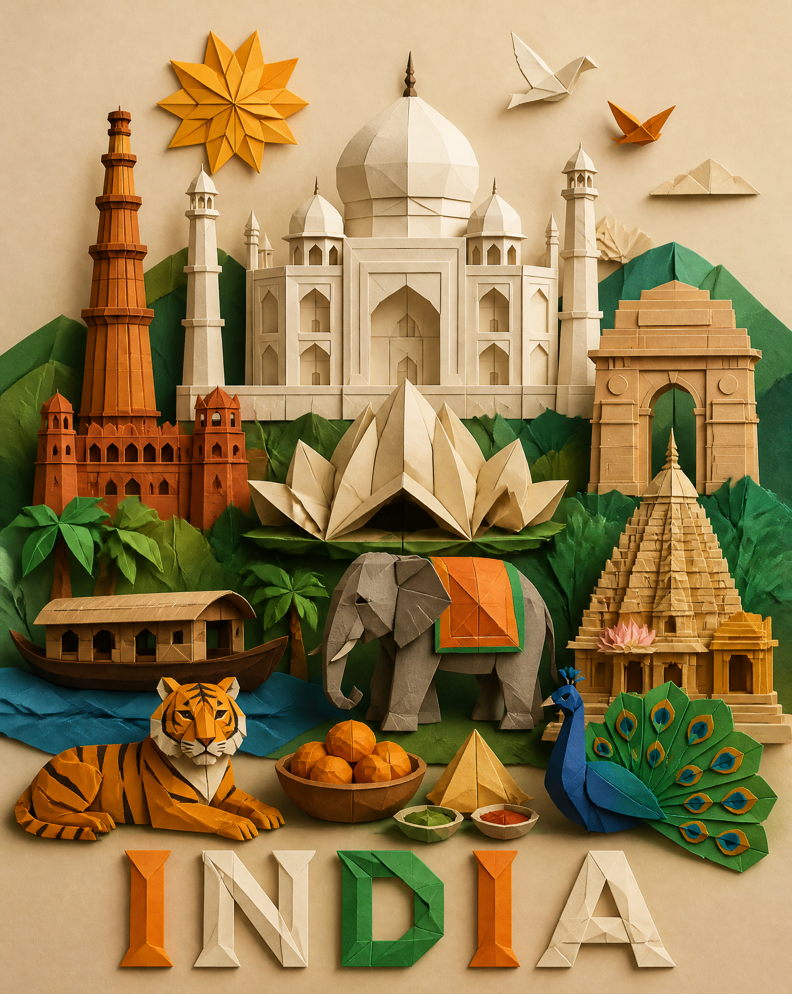 Origami paper art style illustration of [COUNTRY NAME]=India