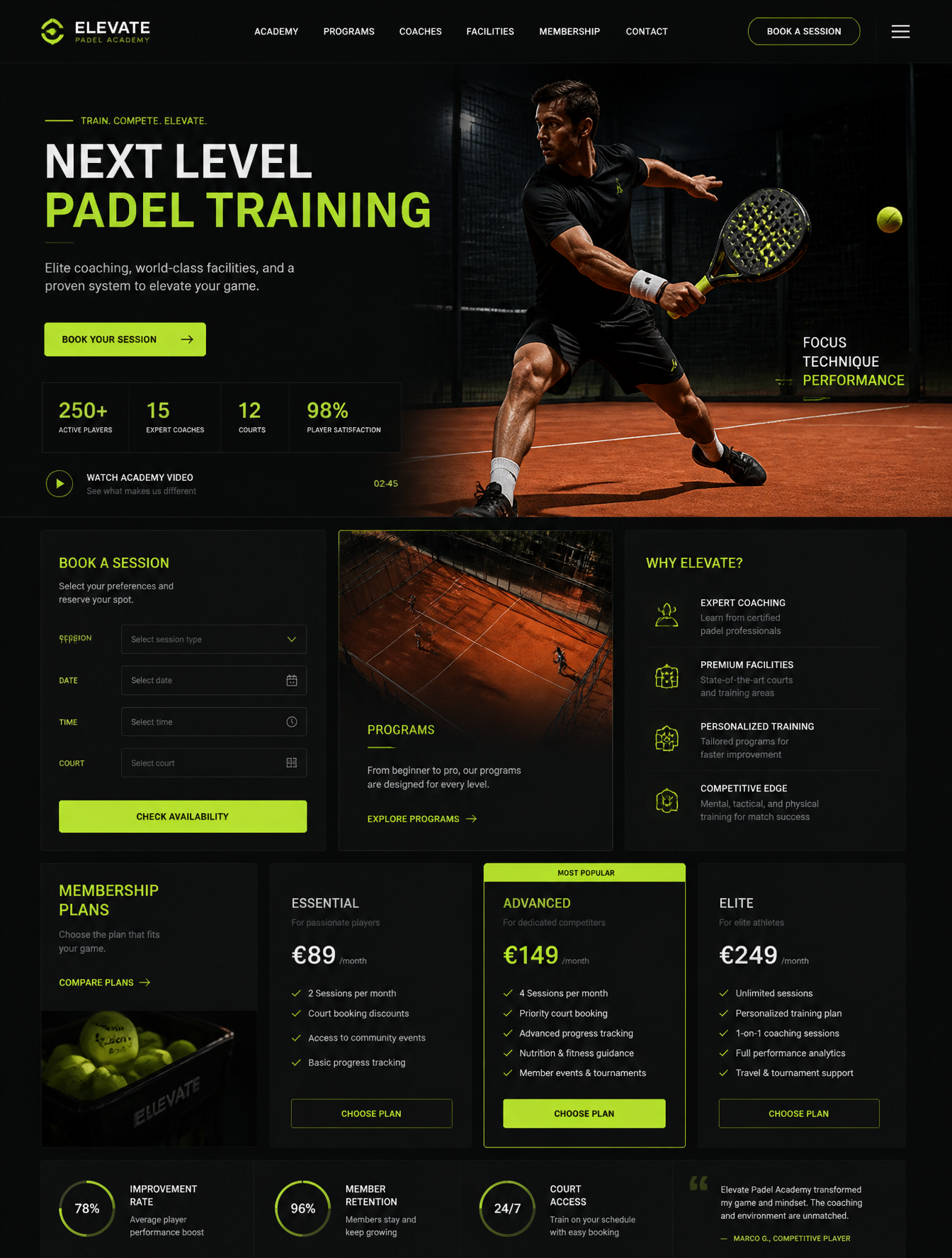 A high-fidelity landing page UI design for a premium padel t