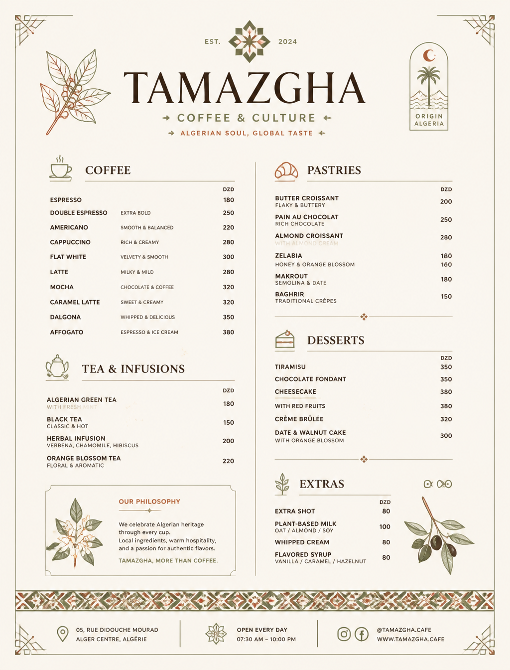 Minimalist coffee shop menu designed in the style of a profe
