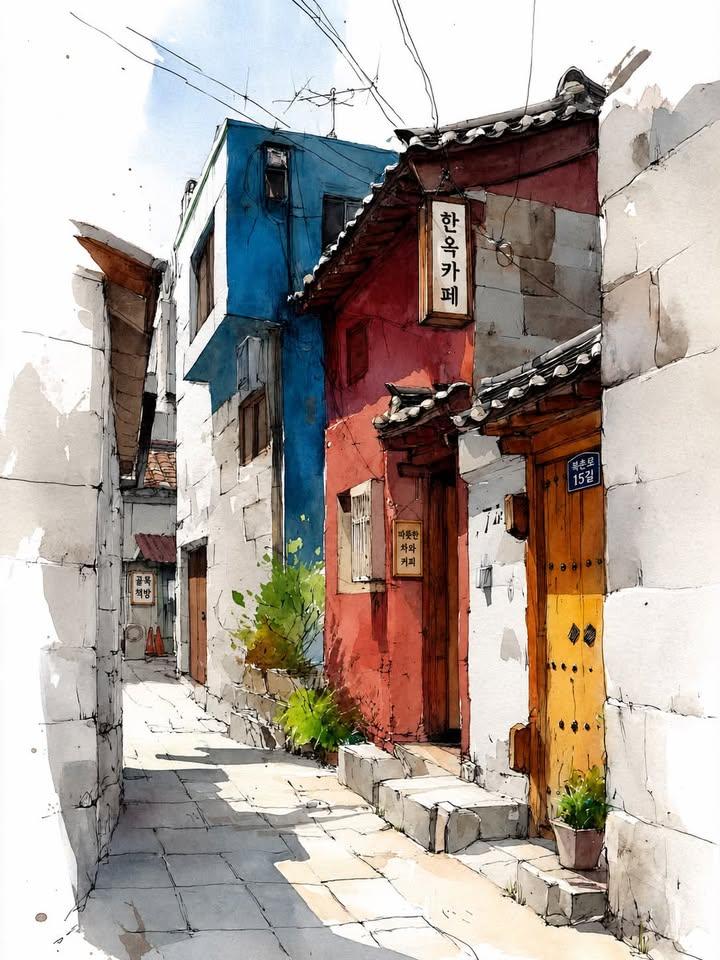 Watercolor urban sketch, narrow alley in traditional Korean 