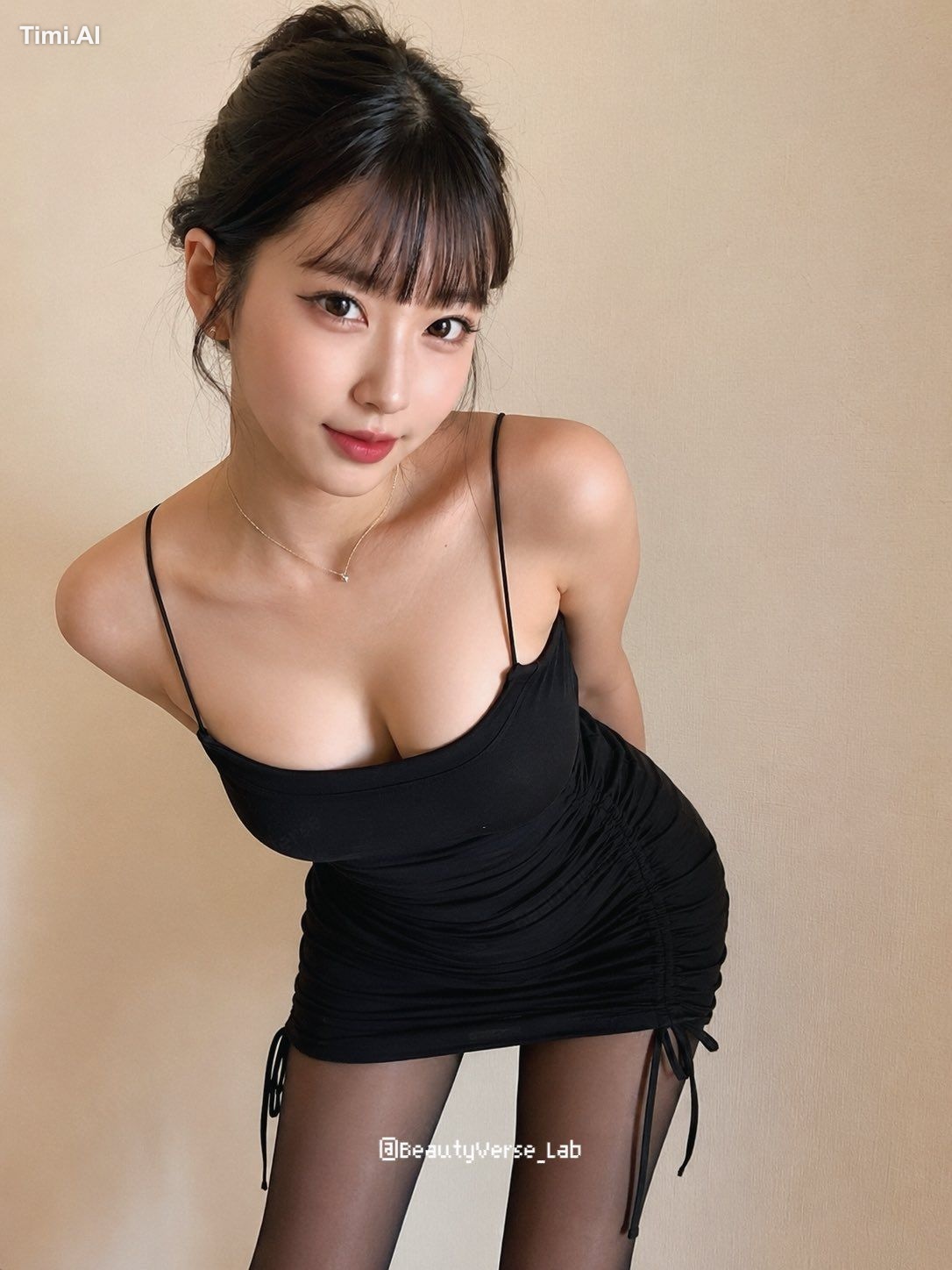 極致漂亮的日本美女,隨機抓拍動作,直式人像構圖,齊瀏海和整齊盤髮,在室內米色牆前微微傾身靠近鏡頭,畫面以緊湊的半身構圖拍
