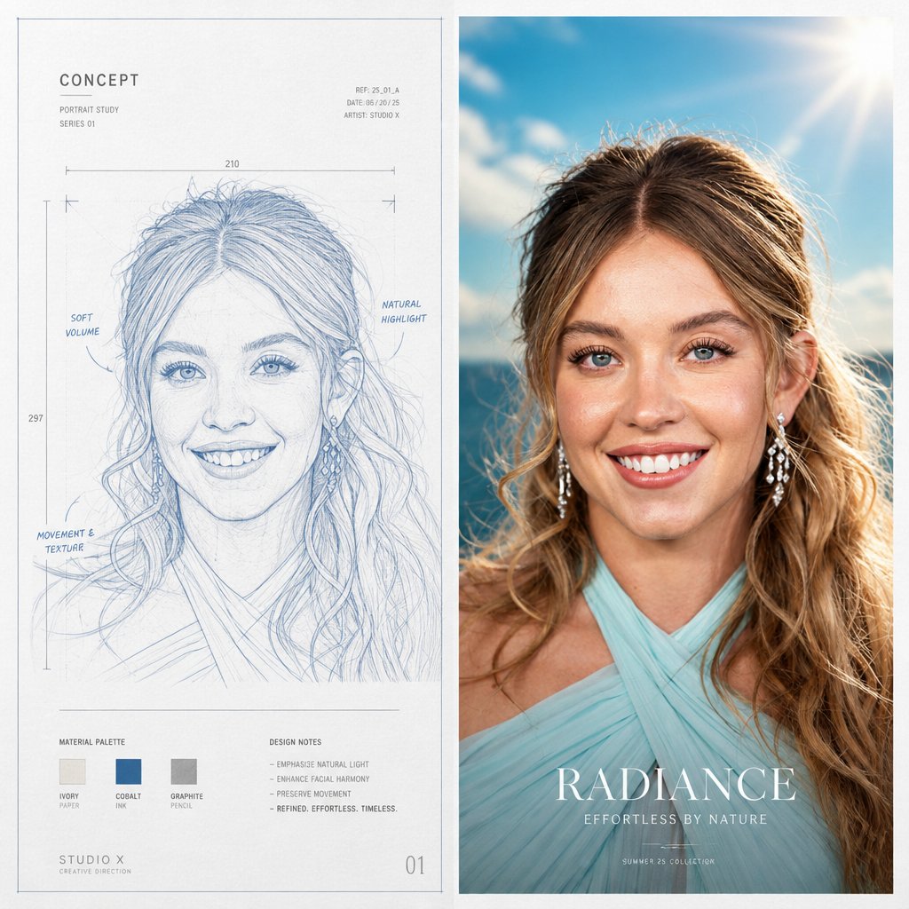A luxury creative campaign showing transformation from conce