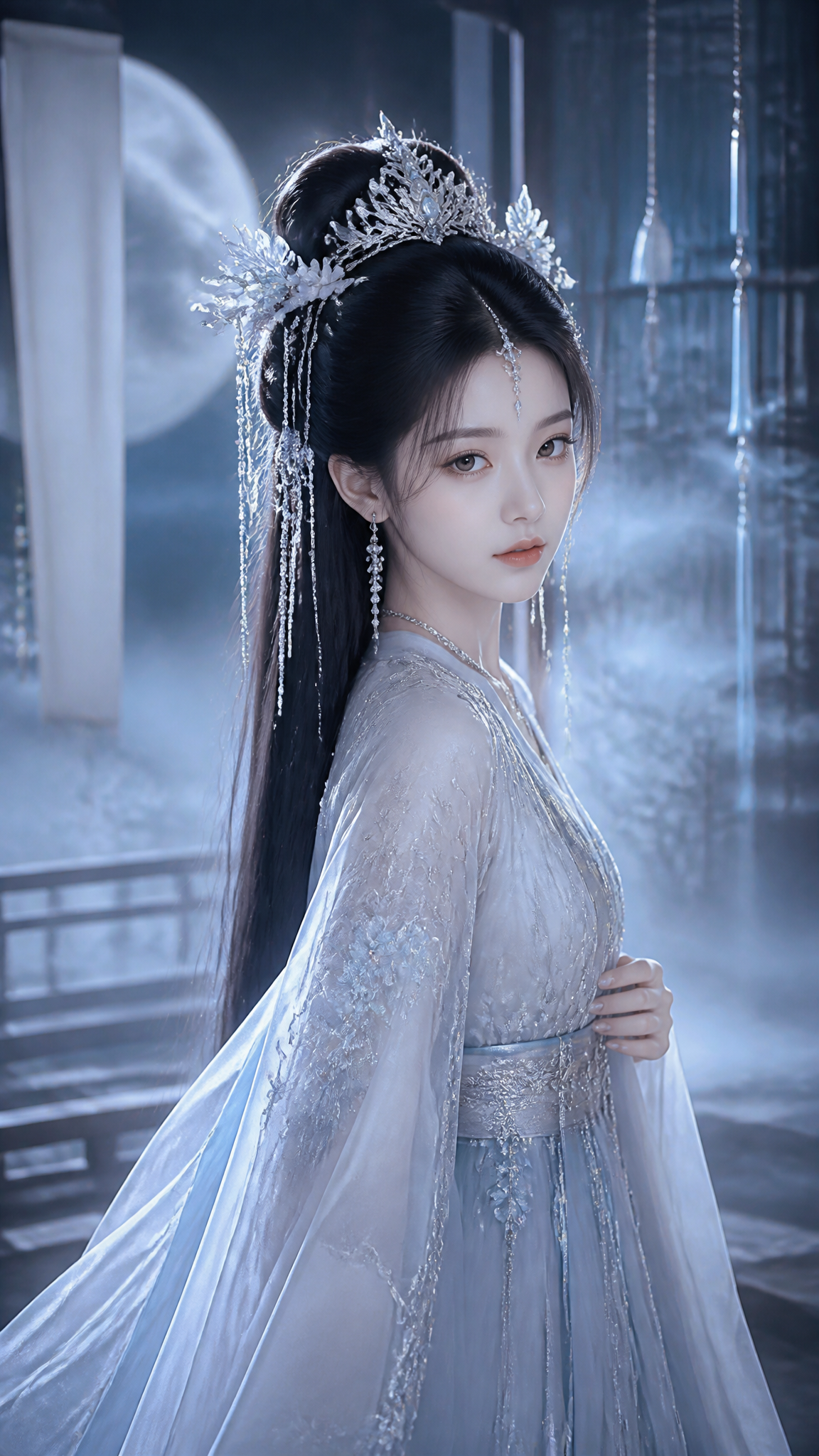 生成古风写真:白月凝霜 9:16 竖版人物:20-28岁年轻东方淡颜系美人女性,高精度清冷仙气古风精修写真风格,具有自然