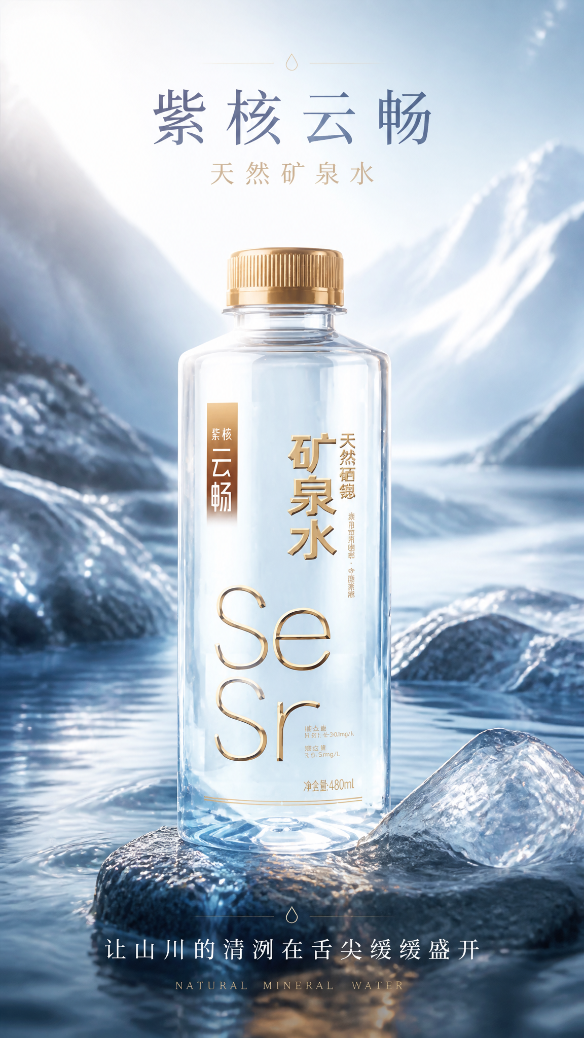 请生成一张 9:16 竖版的「矿泉水主视觉海报」。

【产品信息】
产品名称：紫核云畅矿泉水
核心卖点：天然矿泉水
情绪
