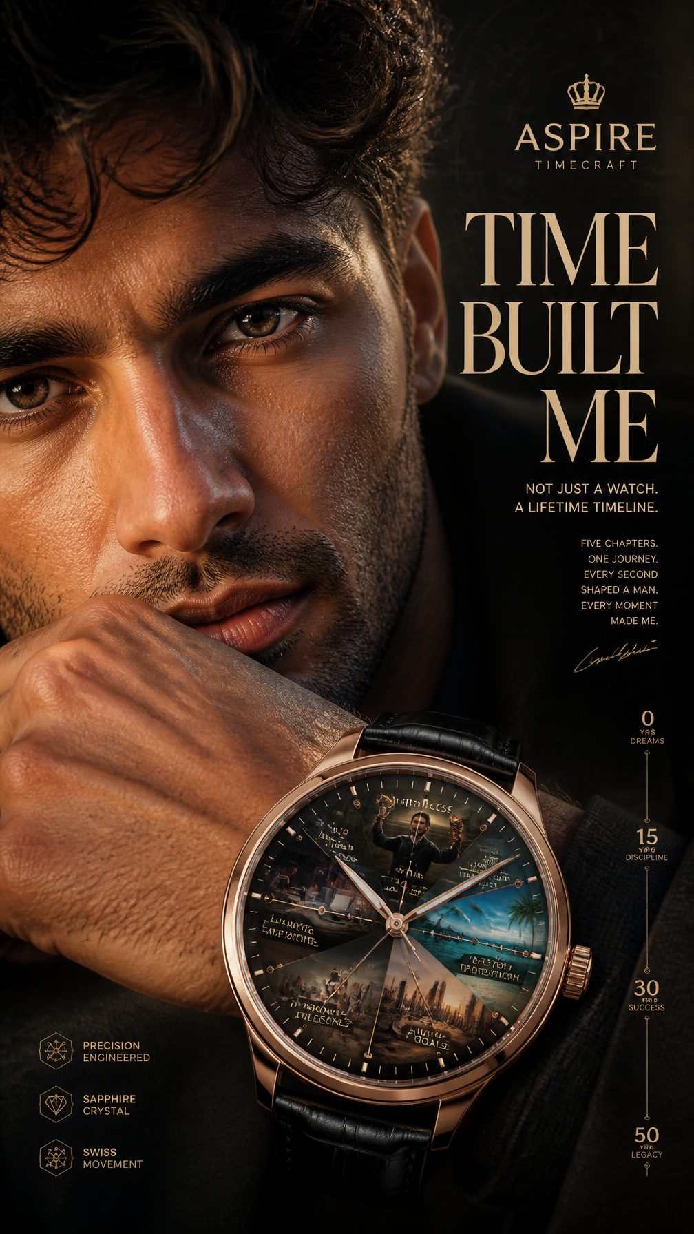 A premium 9:16 luxury watch advertising poster.Main Subject: