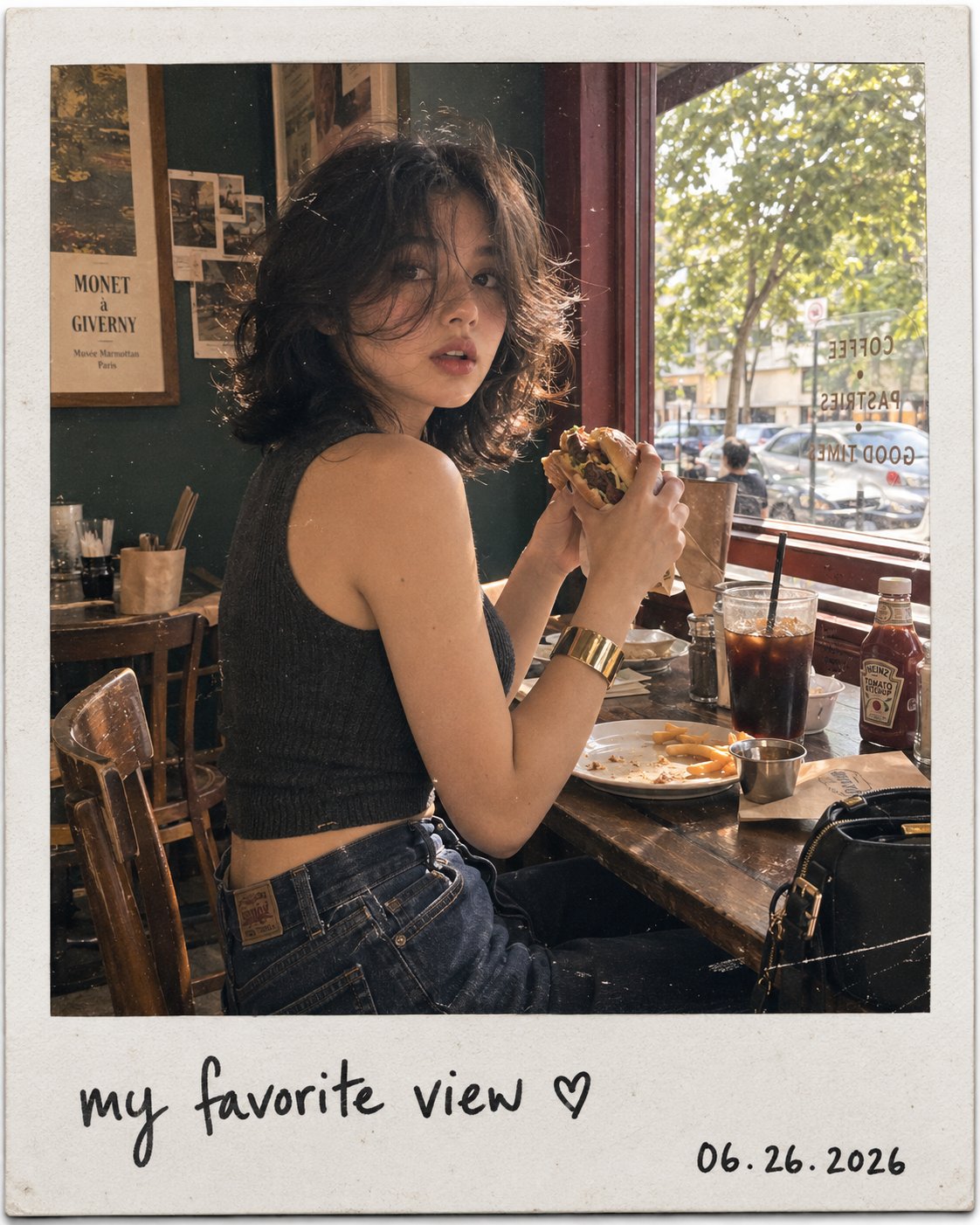 Aesthetic candid café snapshot presented as a realistic vint