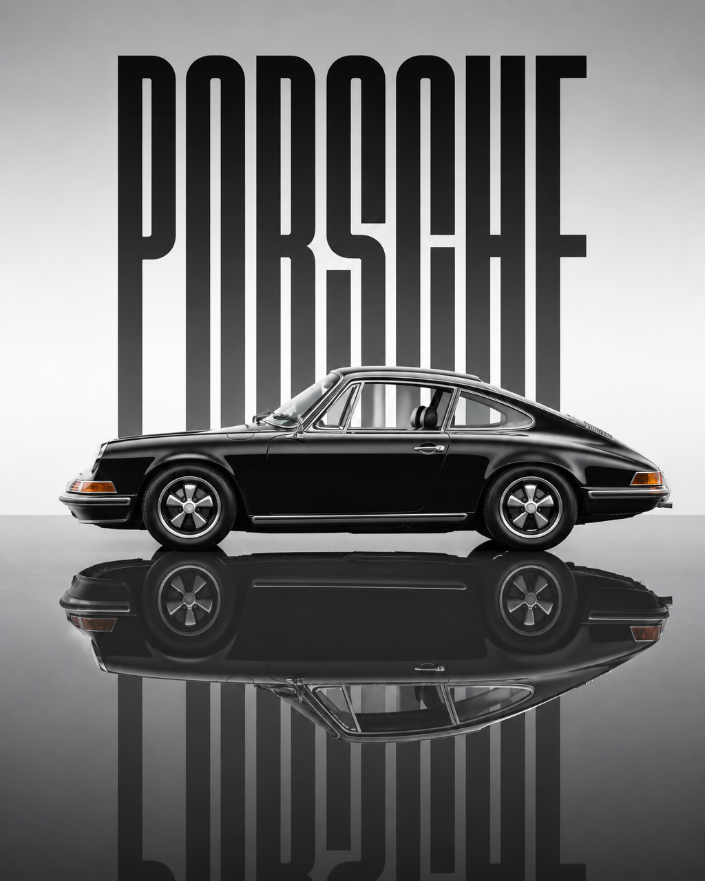 A pristine black 1969 porsche sits stationary on a dark, mi