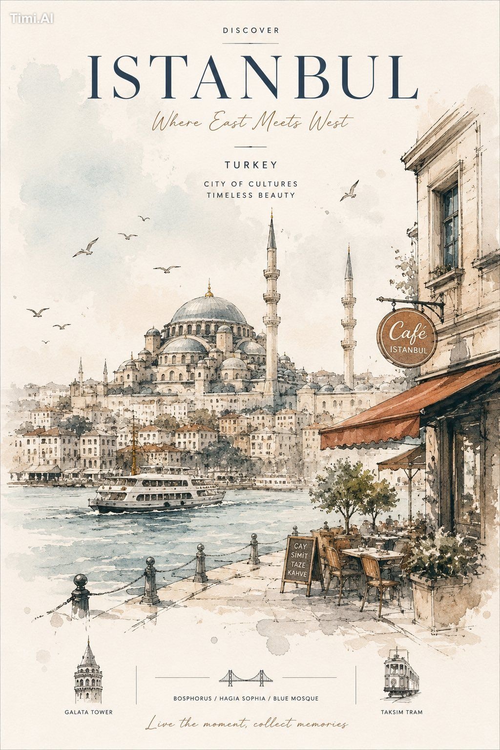 Style: watercolor architectural sketch, editorial travel pos