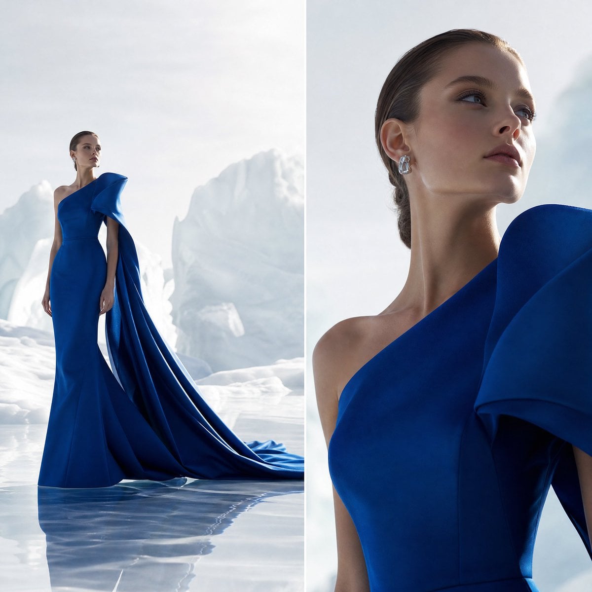 Two-panel fashion editorial split with contrasting camera pe