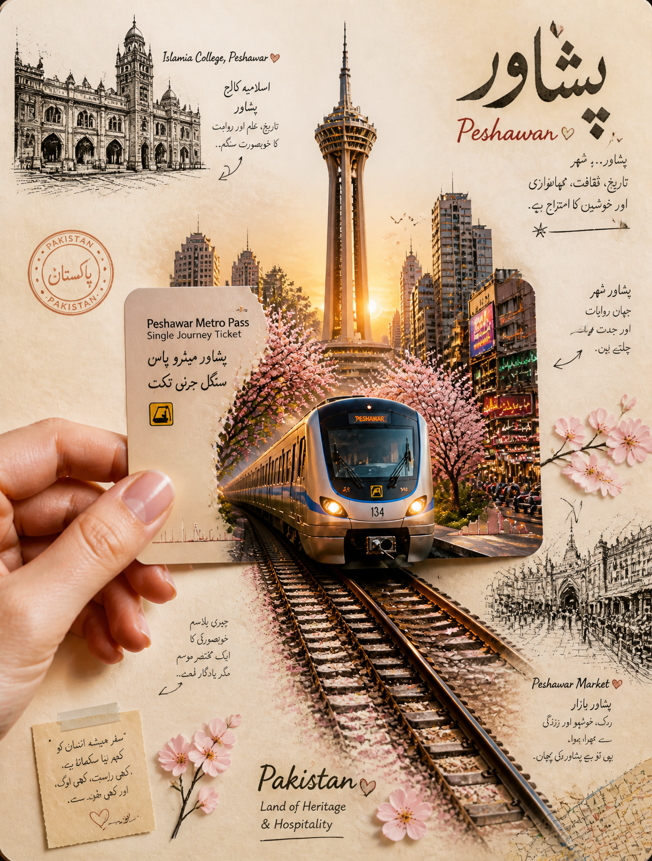 A highly aesthetic travel-journal collage of Pakistan, desig