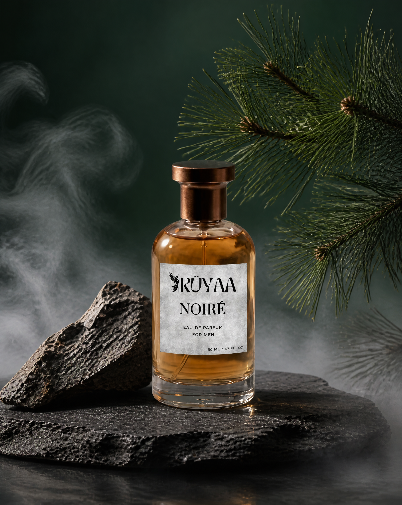 A perfume bottle sits centered on a rough-hewn slate slab, p
