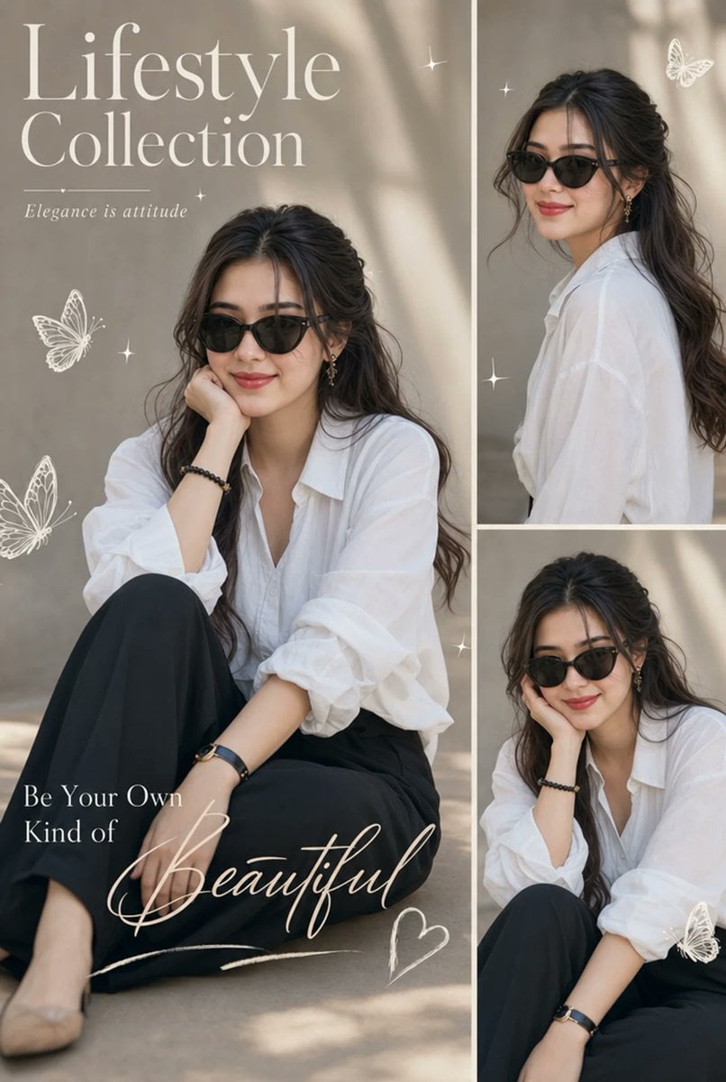 A elegant young Asian woman with long wavy dark brown hair w