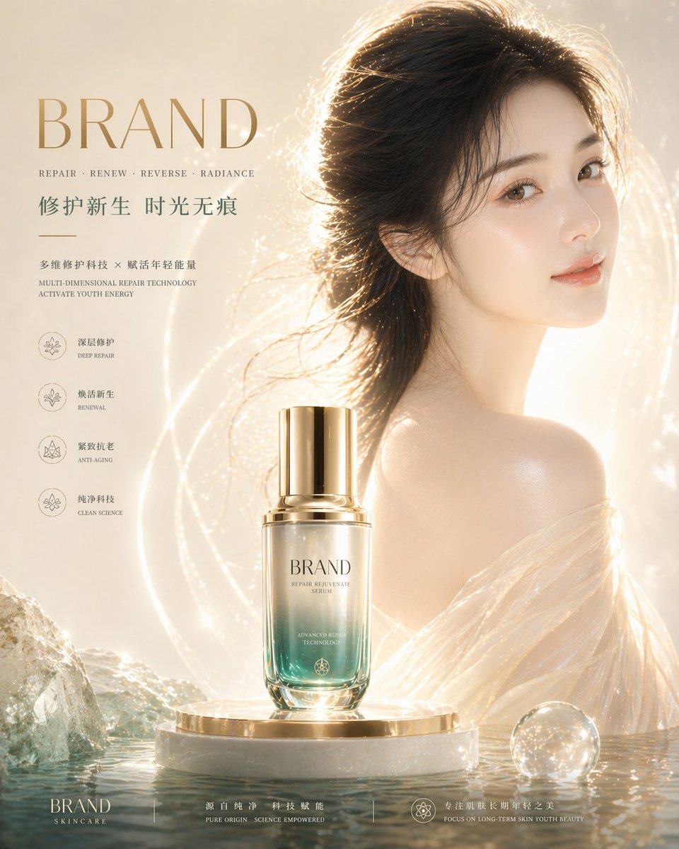 重点强化皮肤质感： 肌肤通透白皙，真实细腻，毛孔隐约可见但干净，肤质均匀细滑，无瑕疵感，呈现健康水润光泽（dewy sk