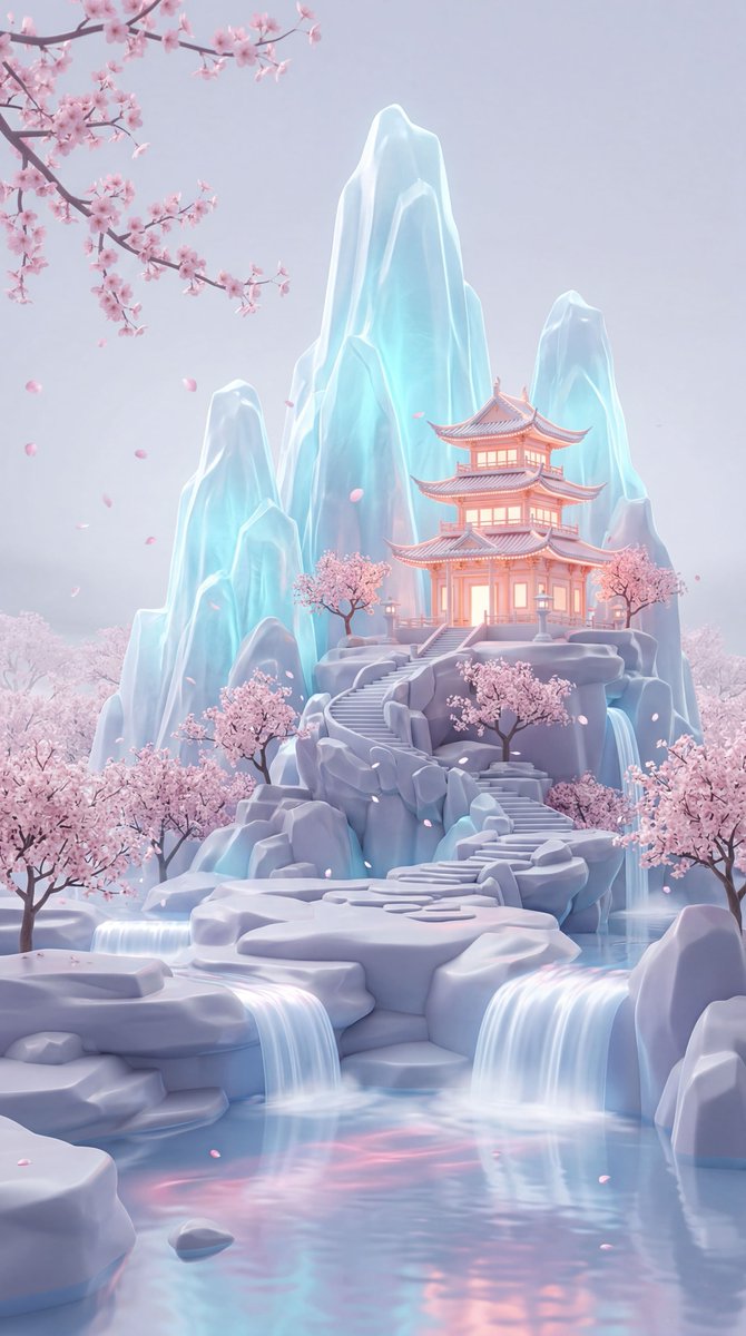 A dreamy pastel fantasy landscape in a vertical composition,