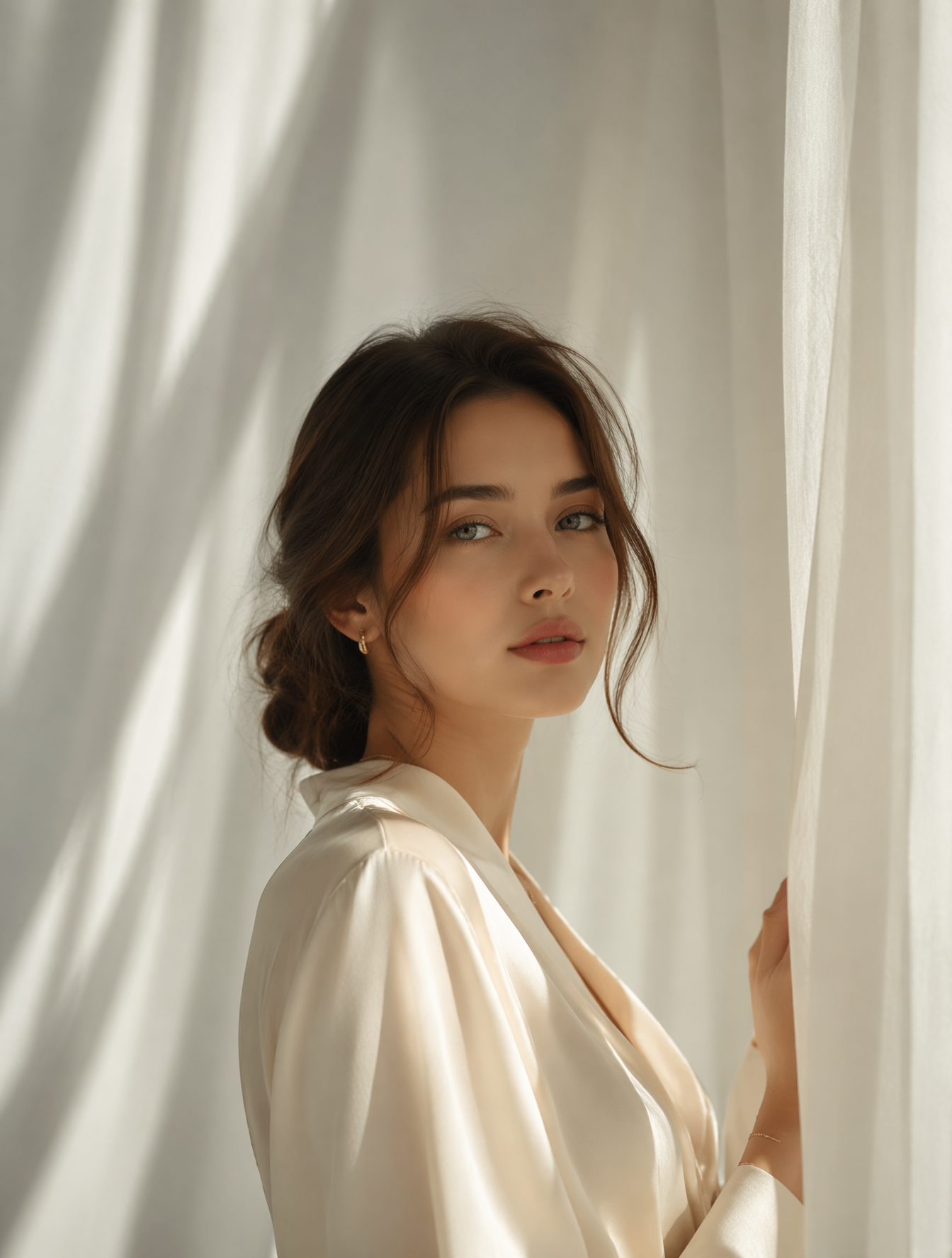 A beautiful 23-year-old woman with luminous ivory skin, gray