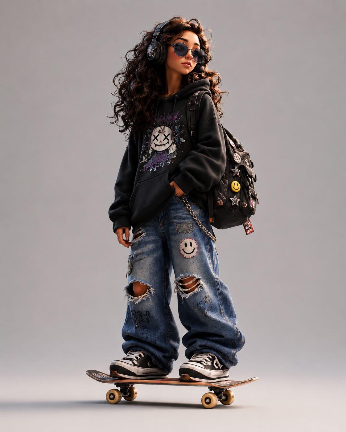 prompt:
Design a stylized 3D cartoon skater character with