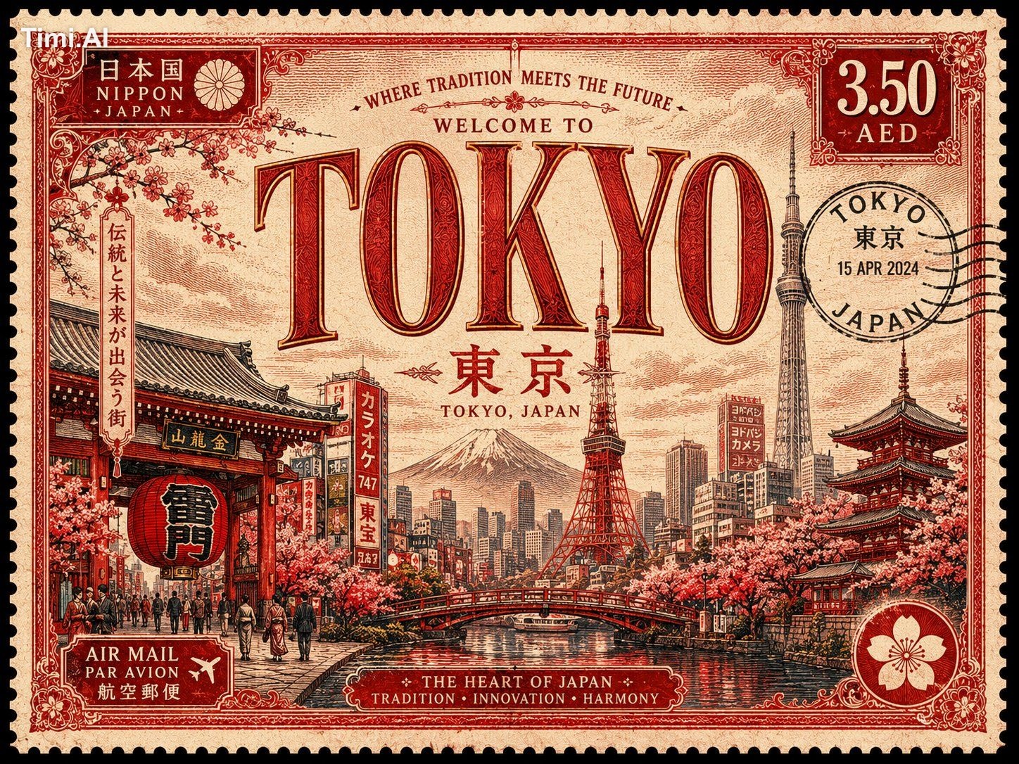 Vintage travel postage stamp design featuring [CITY / COUNTR