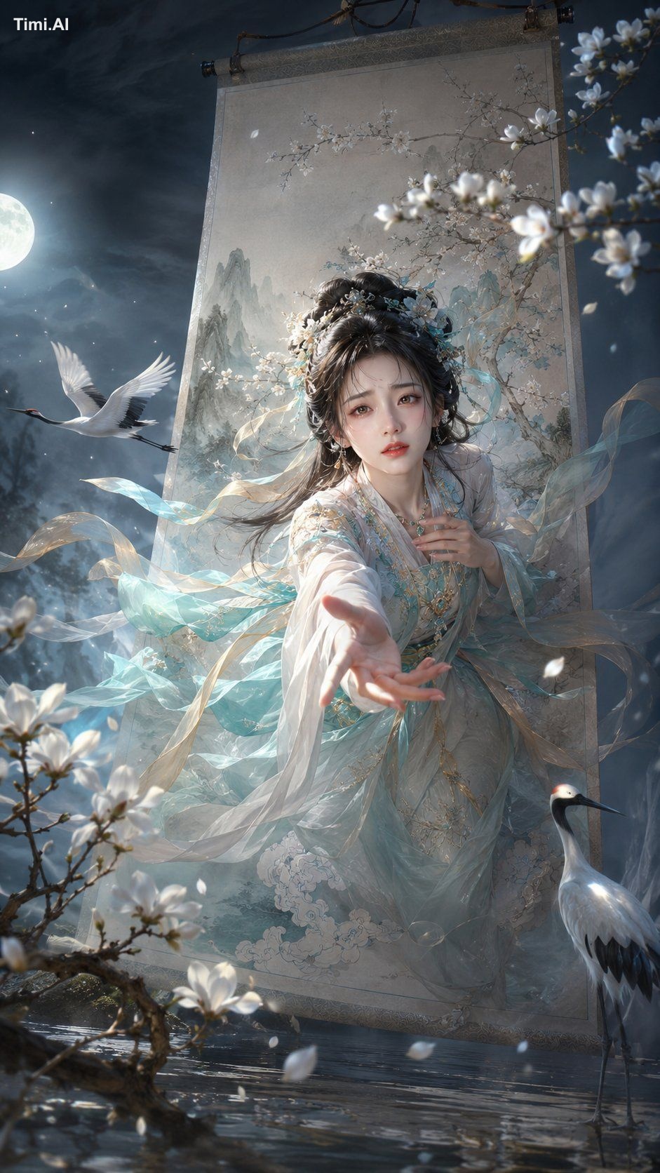请生成一张高完成度的手机竖版 9:16 东方奇幻叙事人像海报,系列名称为「画中美人 · 破卷而出」。
【主题设定】
主