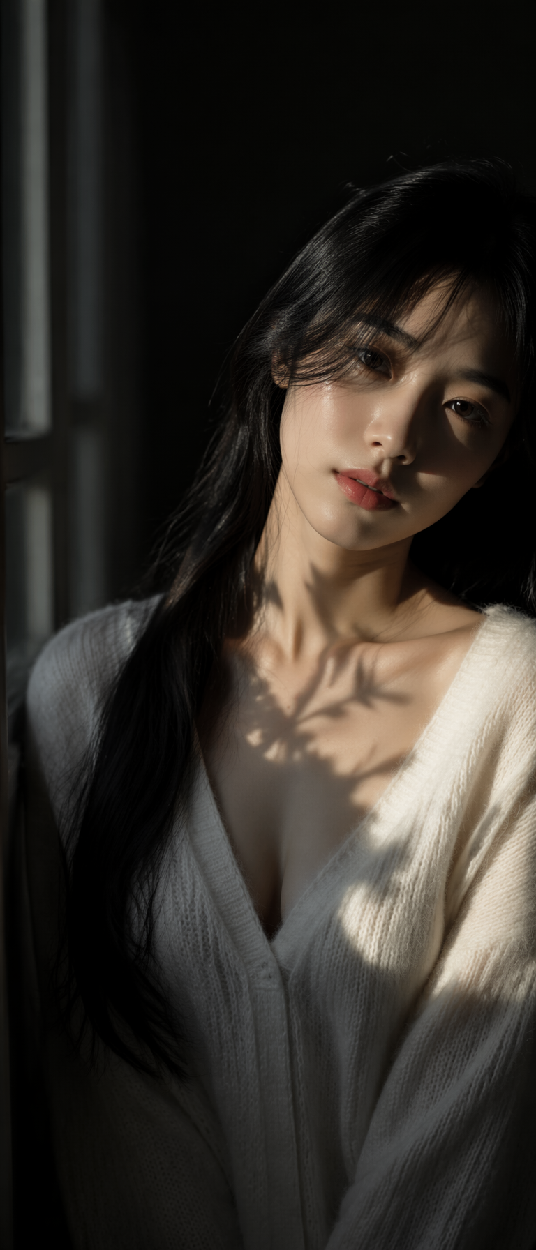 Vertical half-body portrait photo, young East Asian woman wi