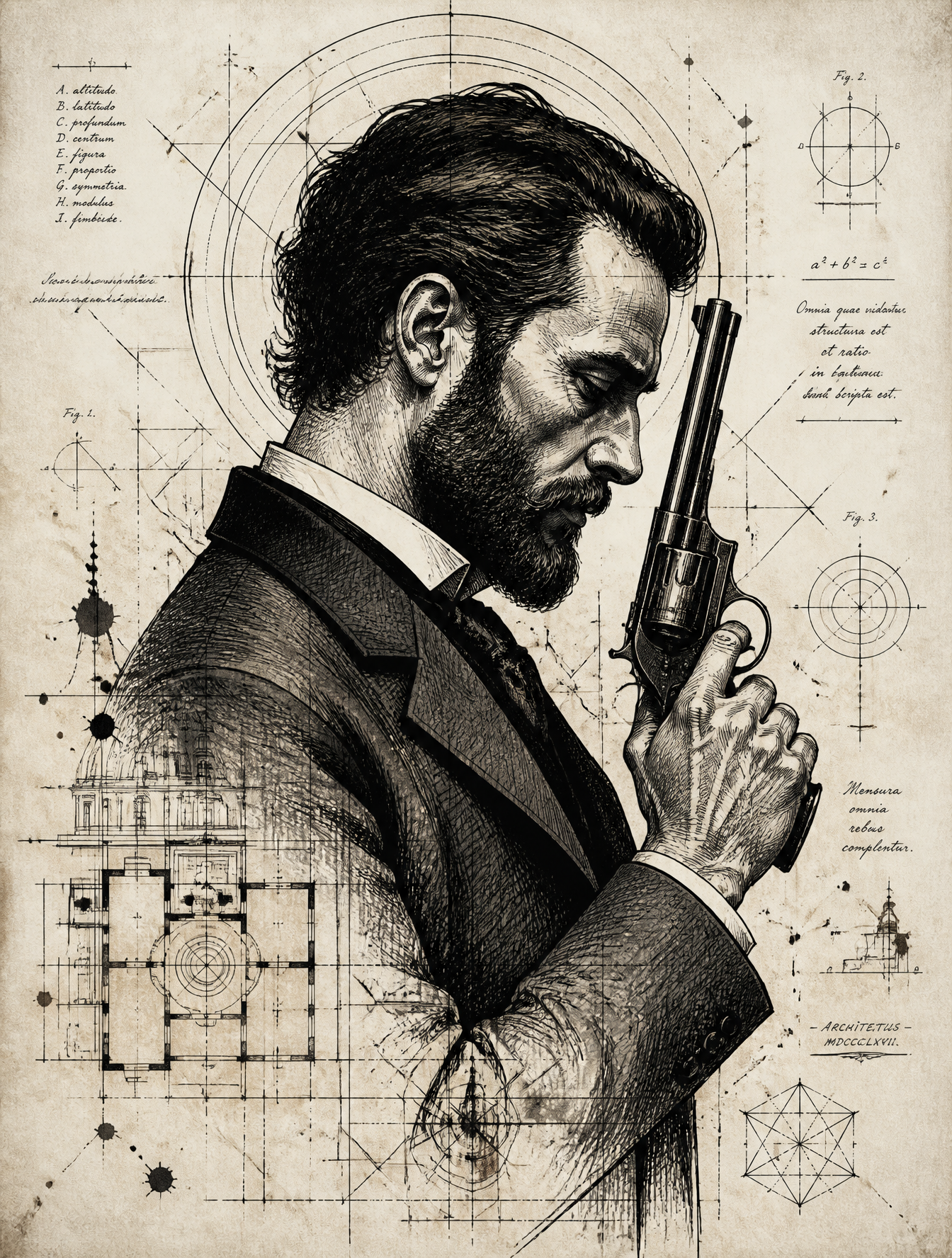 A stylized, high-contrast ink illustration depicts a bearded