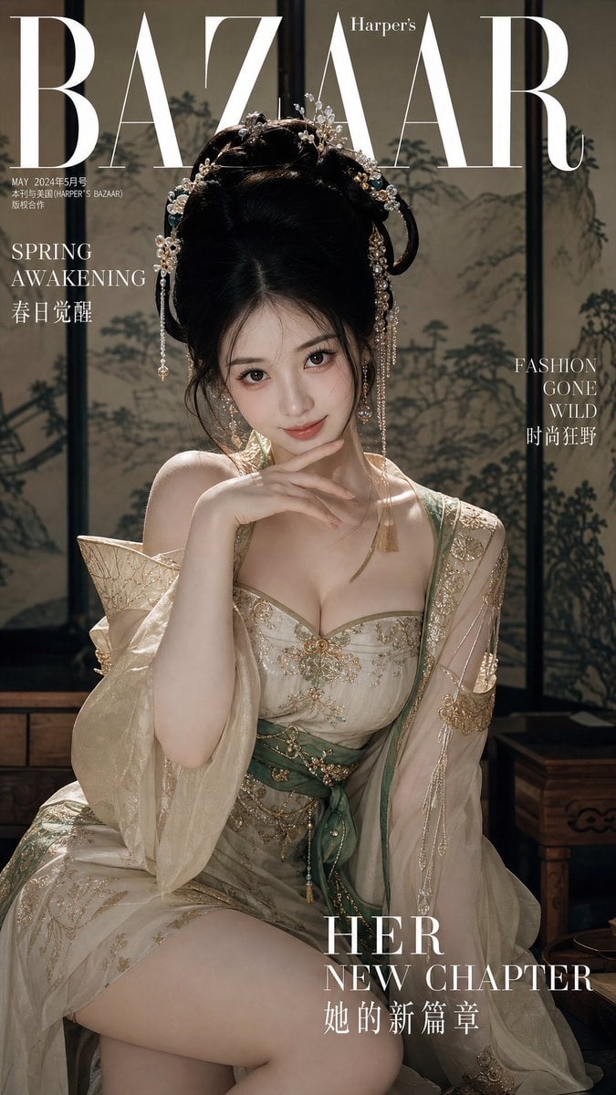 顶尖现代时尚杂志封面大片,一位20岁左右的国风美女,身着改良版华丽古装(汉服元素)。她拥有丰腴匀称的沙漏型身材,裁剪得体
