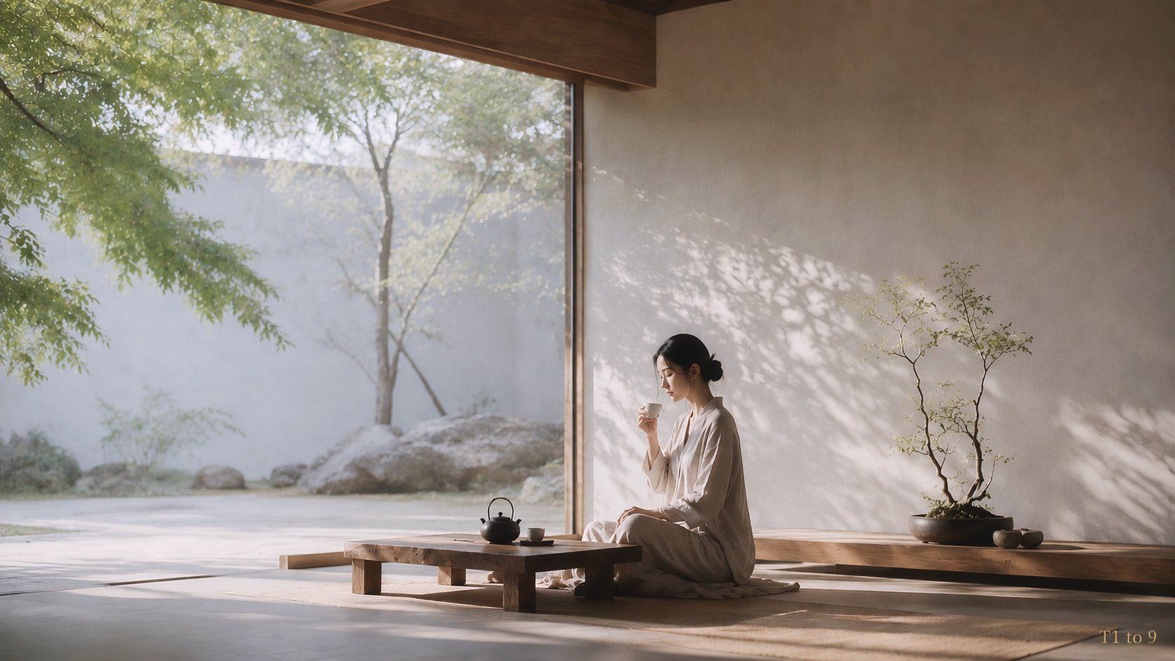 高级时装大片禅意环境人像，东亚成年美丽女性，主题「静·禅」。真实摄影主体 + 极简禅意室内空间 + 大面积负空间（留白）