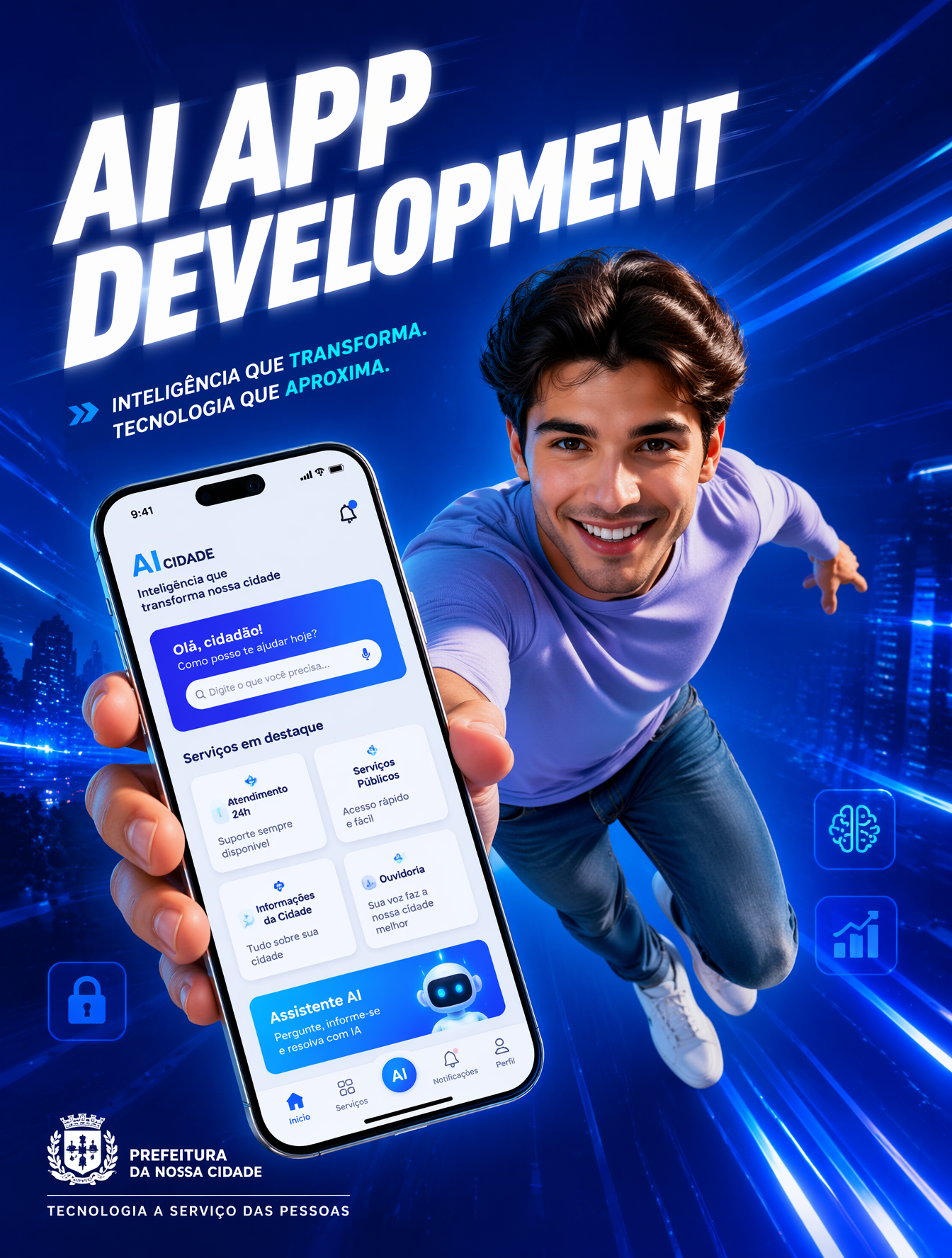 A high-energy futuristic civic technology campaign poster, v