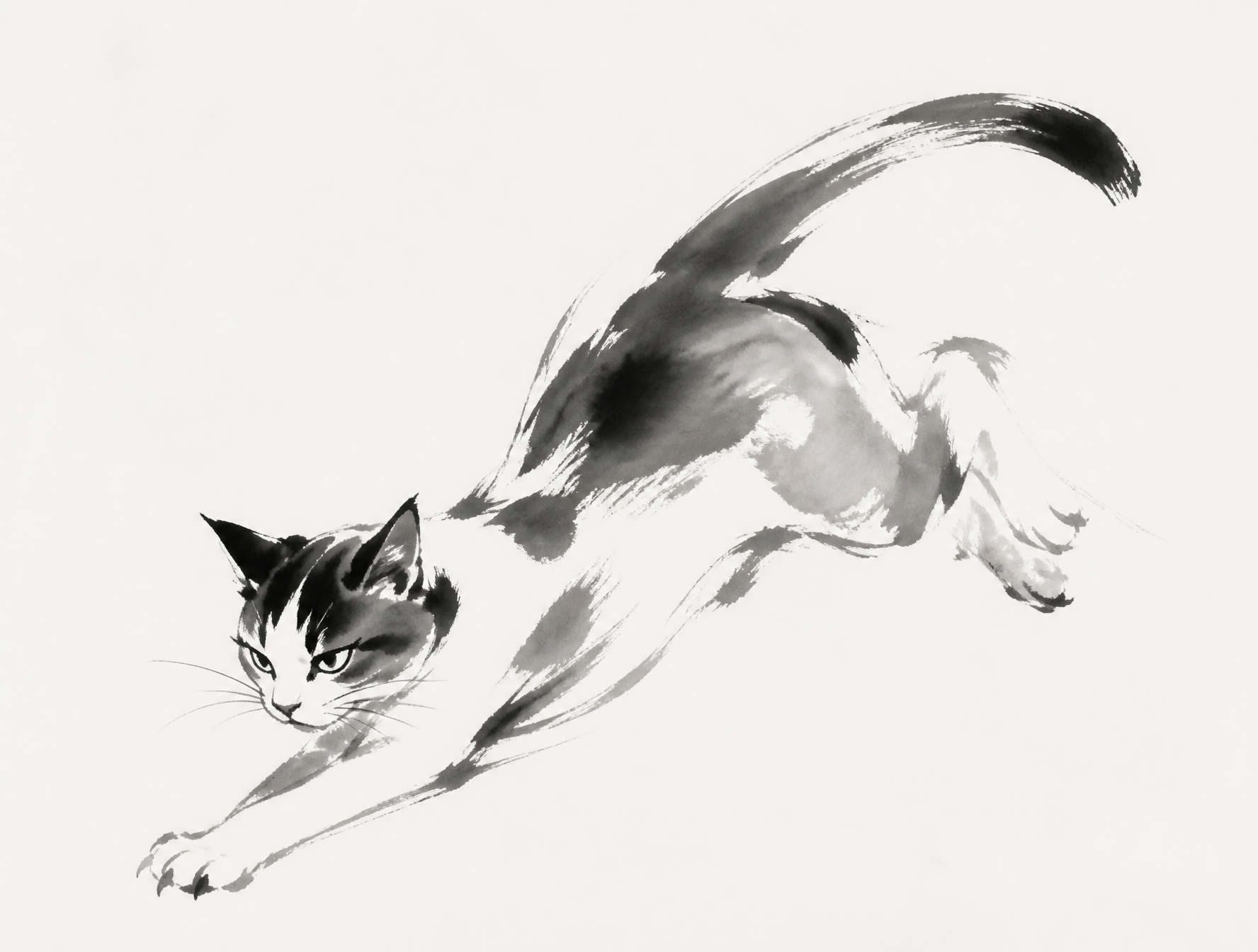 猫，极简东方水墨动态速写，无字