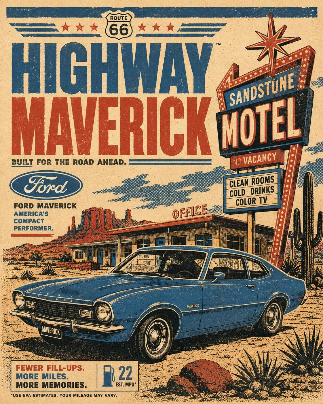 prompt:
Create a vertical retro automotive travel poster fe