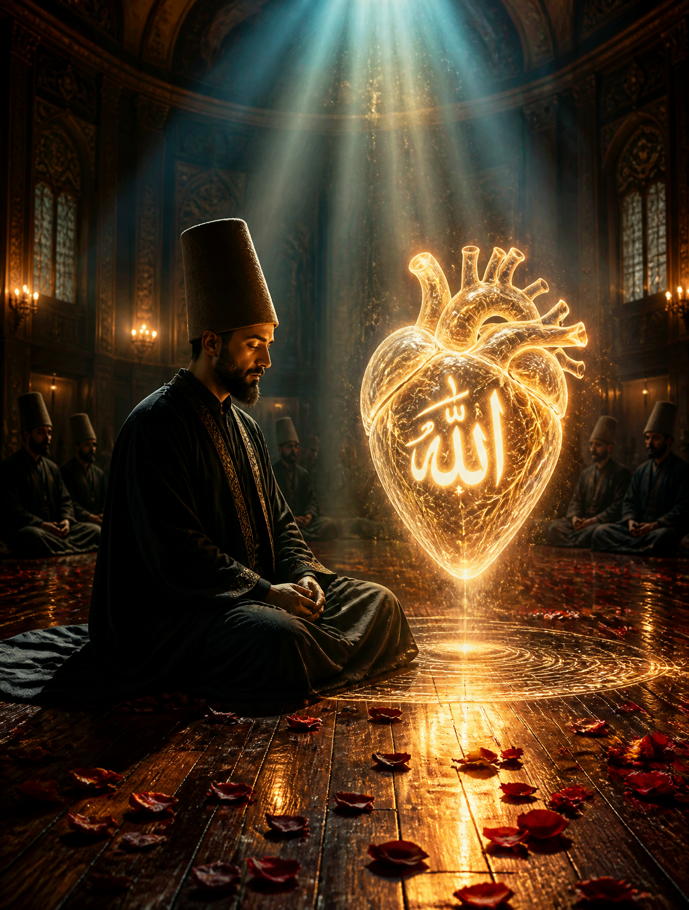 "A mystical Sufi dervish wearing a traditional tall felt hat